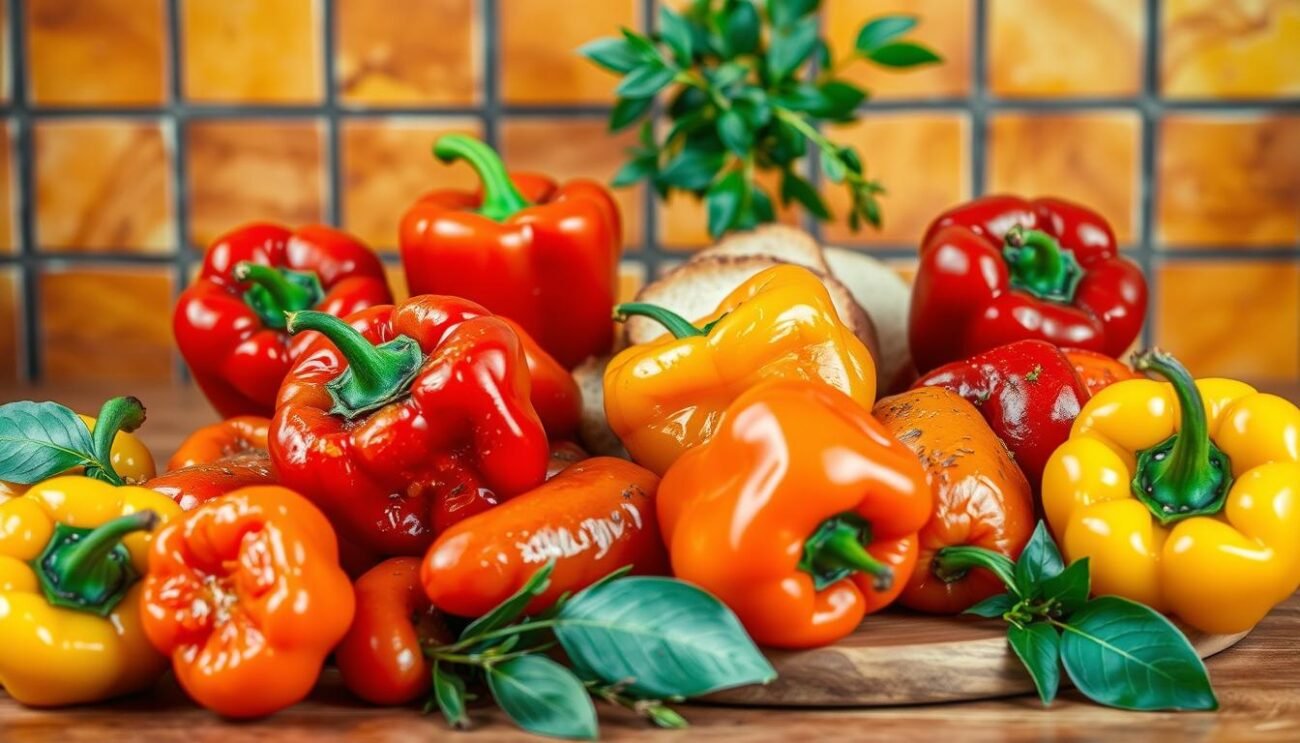 A vibrant and rustic still life of a classic Mediterranean peperonata dish, set against a backdrop of warm, golden-hued terracotta tiles. In the foreground, an assortment of freshly roasted bell peppers in shades of red, yellow, and orange, glistening with olive oil and sprinkled with fragrant herbs. The peppers are arranged artfully, their shapes and textures creating a visually striking composition. In the middle ground, a wooden cutting board or plate holds slices of crusty bread, ready to soak up the flavorful juices. The overall scene exudes a sense of simplicity, tradition, and the vibrant flavors of Southern European cuisine, inviting the viewer to imagine the comforting aromas and satisfying taste of this beloved dish.