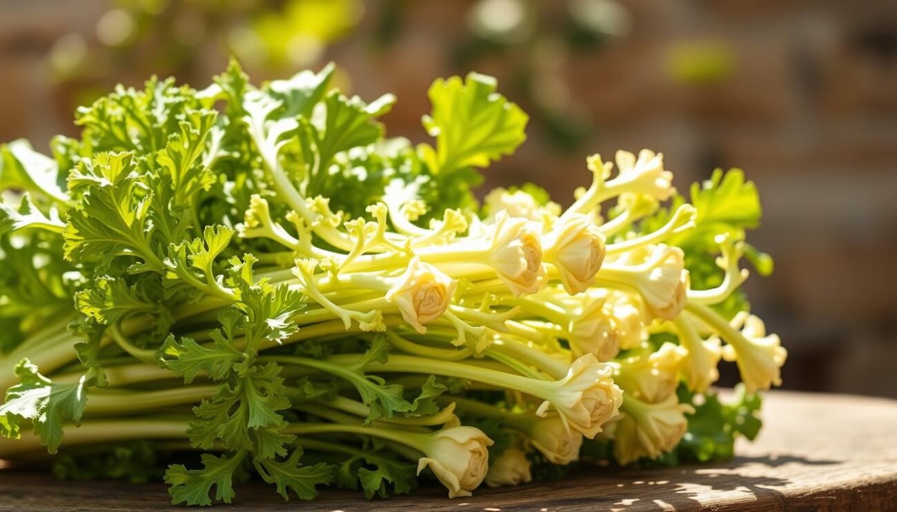 A vibrant bunch of puntarelle, the distinctive chicory shoots with their spiky, curled leaves, basking in warm Mediterranean sunlight. The delicate pale green stems and ruffled textures stand out against a soft, blurred background reminiscent of a traditional Italian kitchen garden. The composition captures the essence of puntarelle: fresh, crisp, and bursting with subtle bitterness, ready to be transformed into the classic Roman dish. Warm, earthy tones create an inviting, rustic atmosphere, complementing the natural, artisanal nature of this unique ingredient.