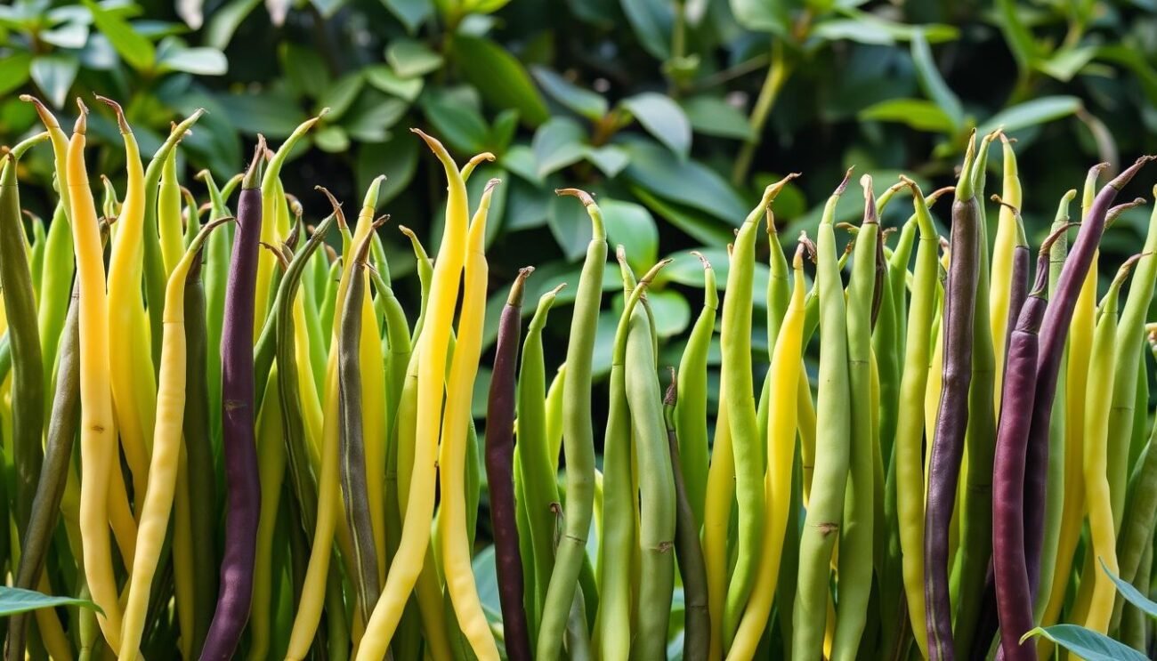 A vibrant display of fagiolini varietà, the diverse green bean cultivars native to Italy. In the foreground, slender, tender beans in shades of green, yellow, and purple stand tall, casting delicate shadows. The midground features a lush, leafy backdrop, capturing the verdant essence of the Italian countryside. Soft, diffused lighting bathes the scene, highlighting the beans' unique textures and vibrant hues. The overall composition conveys a sense of freshness and vitality, inviting the viewer to explore the rich variety of these beloved legumes.