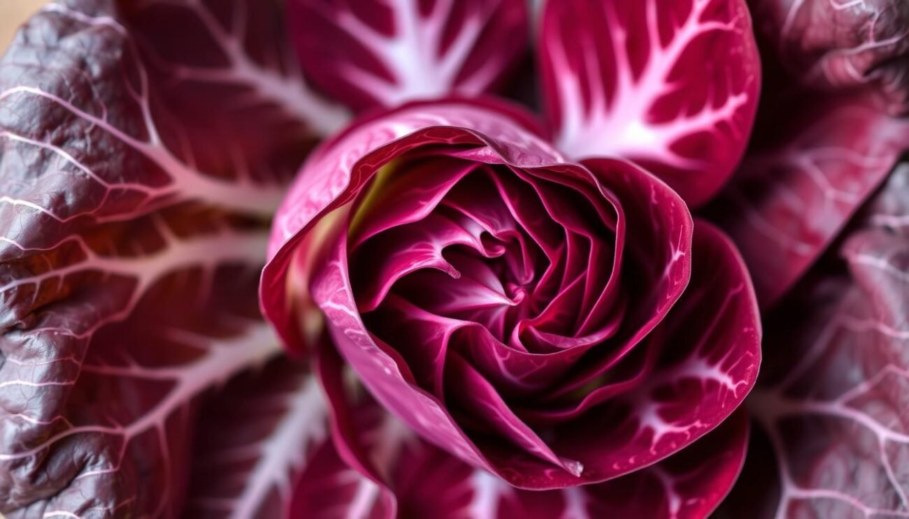 A vibrant head of radicchio di Treviso, its slender leaves unfurling in a captivating spiral. The deep burgundy hues are accented by delicate white veins, creating a visually striking contrast. The radicchio is captured in a soft, natural light, highlighting its crisp texture and robust structure. The image conveys a sense of freshness and quality, inviting the viewer to appreciate the unique characteristics and properties of this iconic Italian delicacy.