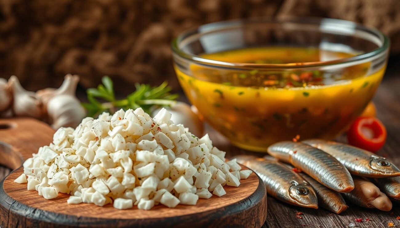A vibrant, rustic still life capturing the essence of "salsa di alici e aglio". In the foreground, a wooden board showcases a mound of finely chopped garlic, its pungent aroma filling the air. Alongside it, a pile of fresh, silvery anchovy fillets glistens under the warm, directional lighting. In the middle ground, a glass bowl overflows with a vibrant, olive oil-based sauce, flecked with specks of minced herbs and red pepper flakes. The composition is framed by a backdrop of earthy textures, hinting at the rustic origins of this classic Italian condiment. The overall mood is one of authentic, Mediterranean simplicity, inviting the viewer to imagine the flavors and aromas of this essential accompaniment to the Roman-style puntarelle.