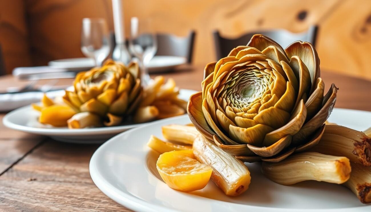 A vibrant scene of carciofi alla giudia, a classic Roman Jewish dish. In the foreground, a plate displays the signature golden-brown artichokes, crisp and inviting, their leaves fanned out. In the middle ground, a wooden table is set with simple yet elegant tableware, complementing the rustic charm. The background features a warm, earthy tone, evoking the historic Jewish quarter of Rome where this iconic dish was born. Soft natural lighting highlights the intricate patterns of the artichokes, their delicate textures and glistening surfaces. This image captures the essence of the carciofi alla giudia, a culinary tradition that has endured for generations, connecting the past to the present. A vibrant scene of carciofi alla giudia, a classic Roman Jewish dish. In the foreground, a plate displays the signature golden-brown artichokes, crisp and inviting, their leaves fanned out. In the middle ground, a wooden table is set with simple yet elegant tableware, complementing the rustic charm. The background features a warm, earthy tone, evoking the historic Jewish quarter of Rome where this iconic dish was born. Soft natural lighting highlights the intricate patterns of the artichokes, their delicate textures and glistening surfaces. This image captures the essence of the carciofi alla giudia, a culinary tradition that has endured for generations, connecting the past to the present.