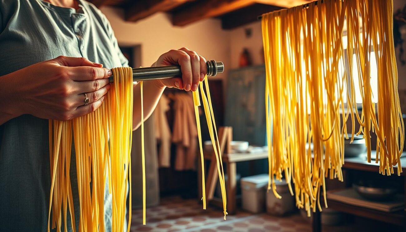 A vibrant scene of traditional Italian pasta making: a woman's skilled hands expertly manipulating thin strands of dough, using a metal rod to create the distinctive ridges of homemade fileja pasta. The warm, natural lighting casts a golden glow, highlighting the textures and intricate motions. In the middle ground, bundles of freshly made pasta hang to dry, while the background reveals a rustic Italian kitchen, with terracotta tiles and weathered wooden beams. The overall atmosphere conveys a sense of authentic, time-honored craftsmanship, perfectly capturing the essence of "filatura con ferretto" in Calabria.