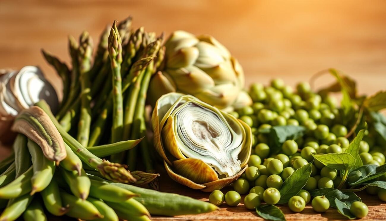 A vibrant still life capturing the essential ingredients of the classic Roman spring dish, Vignarola. In the foreground, freshly harvested fava beans, their pods split open to reveal the tender, bright green legumes within. Beside them, a bundle of slender asparagus spears, their tips reaching upwards. In the middle ground, a cluster of tender young artichokes, their leaves unfurling to reveal the soft, pale heart. In the background, a scattering of plump, round peas, their delicate pods nestled amongst lush, verdant leaves. The scene is illuminated by warm, natural light, casting gentle shadows and highlighting the vivid colors and textures of this seasonal bounty. The overall mood is one of abundance, freshness, and the welcoming spirit of springtime in the Roman countryside.