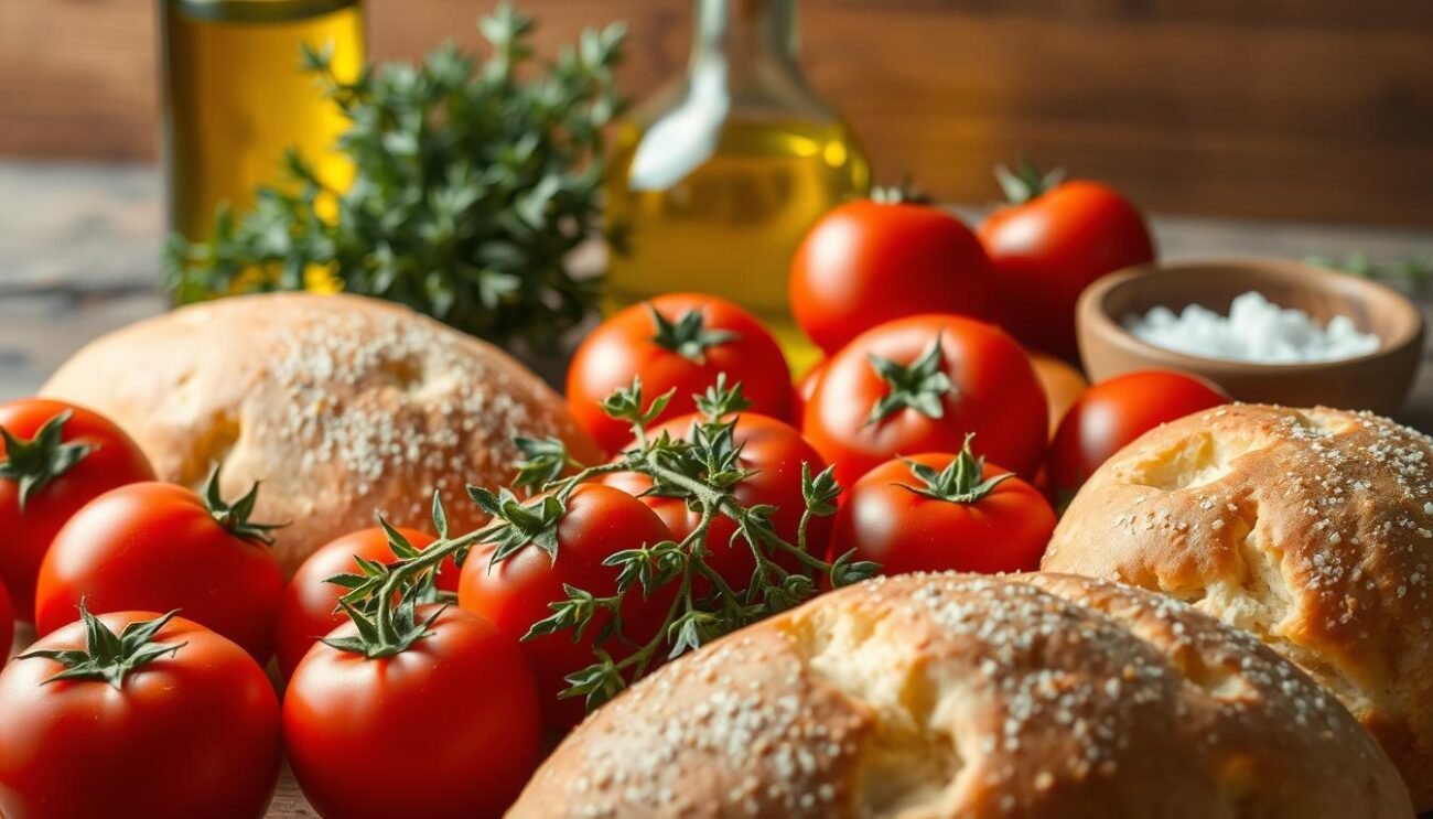 A vibrant still life featuring the key ingredients for making traditional Sfincionello Palermitano focaccia. In the foreground, freshly baked loaves of golden-brown bread with a soft, airy texture and a dusting of semolina flour. Surrounding them, an assortment of fresh tomatoes in varying shades of red, plump and juicy. In the middle ground, a bundle of fragrant oregano, its deep green leaves contrasting with the bright crimson tomatoes. In the background, a drizzle of golden olive oil and a sprinkle of sea salt, the essential seasonings that elevate this humble Sicilian staple. The lighting is warm and natural, casting a soft glow over the scene, capturing the rustic charm and homemade quality of this beloved regional delicacy.