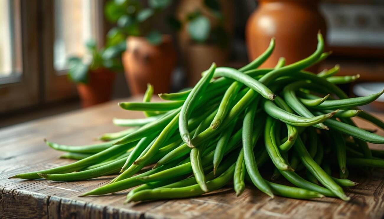 A vibrant still life of fresh, crisp green beans (fagiolini) on a rustic wooden table, illuminated by soft, natural light filtering through a nearby window. The beans are neatly arranged, highlighting their slender, elongated shape and vivid green hue. In the background, a subtle hint of Italian-style decor, such as a terracotta vase or a simple linen tablecloth, sets the scene. The overall composition conveys a sense of simplicity, health, and the nutritional properties of this versatile vegetable.