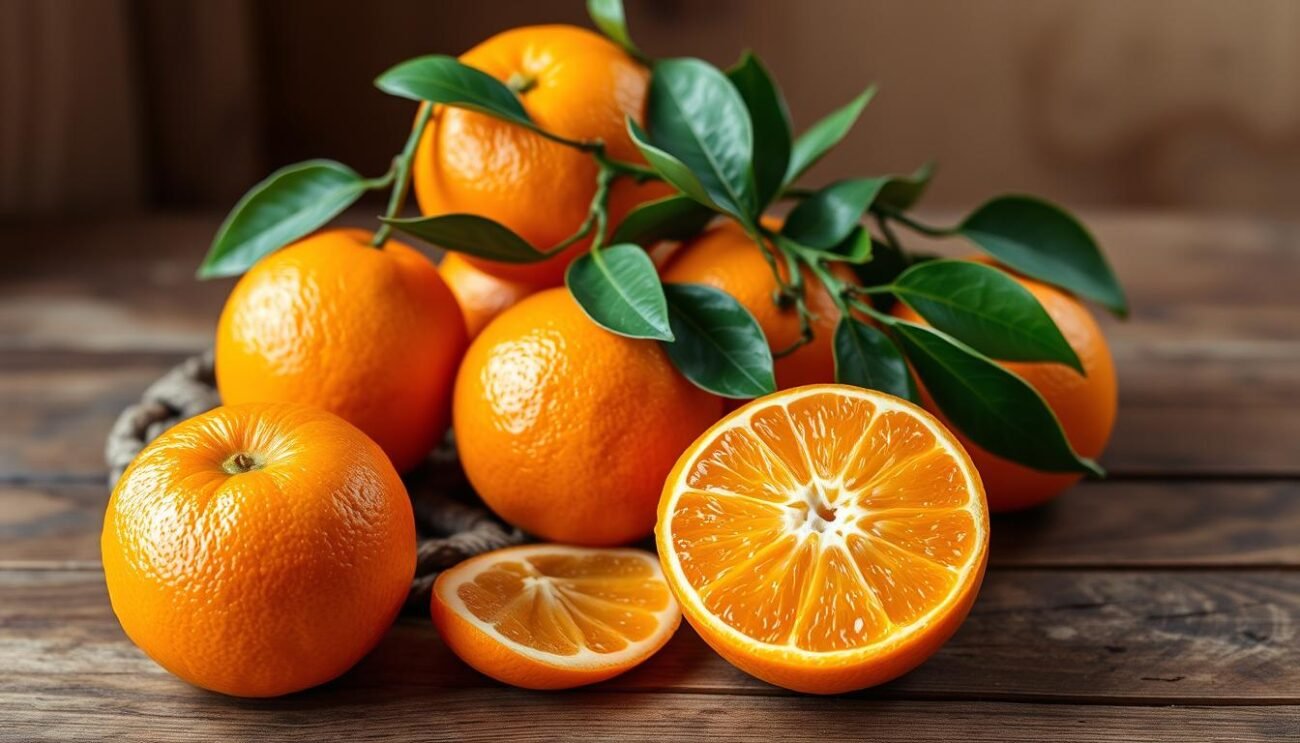 A vibrant still life of fresh, juicy oranges arranged on a rustic wooden surface. The oranges are plump and glistening, their vibrant orange hue catching the warm, diffused lighting that bathes the scene. The image has a natural, organic feel, with the rough-hewn wood providing a textural contrast to the smooth, glossy fruit. The overall composition is balanced and visually appealing, inviting the viewer to imagine the aroma and flavor of these perfectly ripe, Venetian-style oranges.