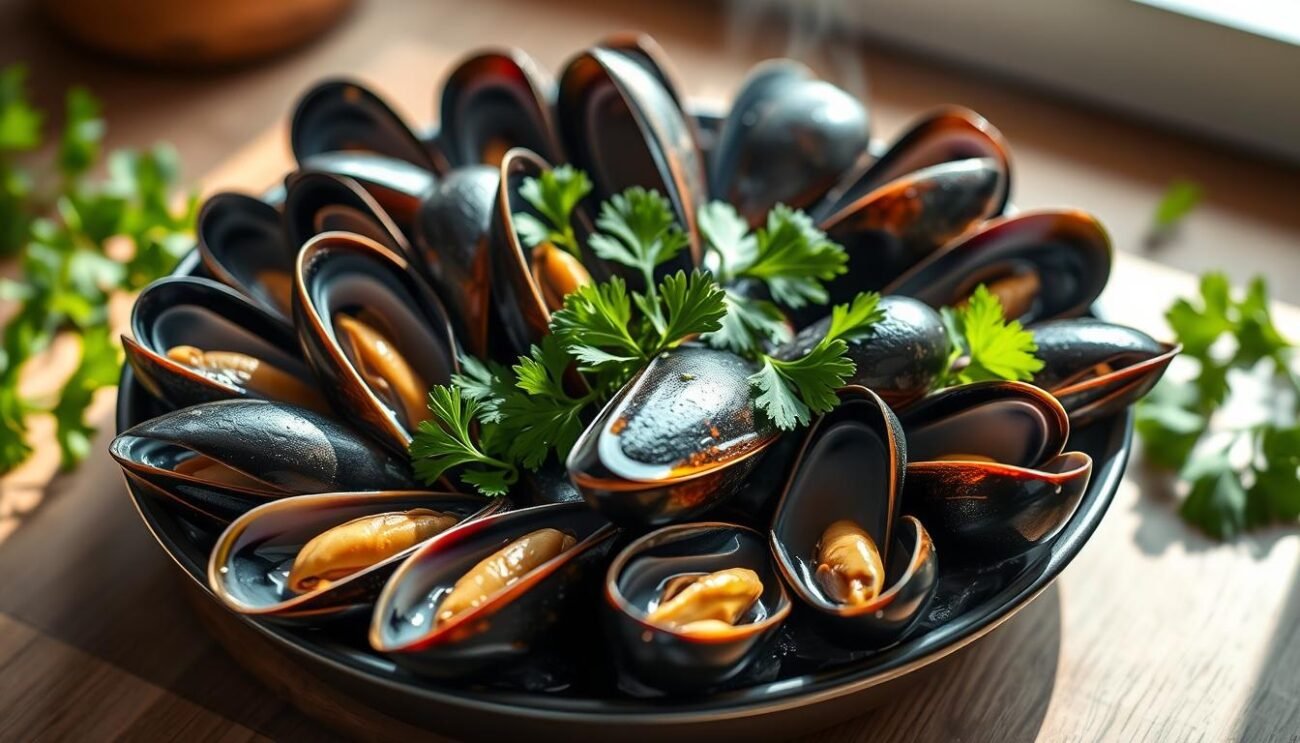 A vibrant still life showcasing a platter of freshly steamed mussels, their shells glistening with a layer of acqua di cottura, the briny liquid that infuses them with flavor. The mussels are arranged artfully, interspersed with fragrant sprigs of parsley, their verdant hues providing a delightful contrast. The overall composition is lit by soft, natural light, casting gentle shadows and highlighting the textures of the ingredients. The setting evokes the rustic charm of a Puglian kitchen, with a simple wooden table or surface serving as the backdrop. The mood is one of appetizing anticipation, inviting the viewer to imagine the robust flavors and aromas of this beloved regional dish. A vibrant still life showcasing a platter of freshly steamed mussels, their shells glistening with a layer of acqua di cottura, the briny liquid that infuses them with flavor. The mussels are arranged artfully, interspersed with fragrant sprigs of parsley, their verdant hues providing a delightful contrast. The overall composition is lit by soft, natural light, casting gentle shadows and highlighting the textures of the ingredients. The setting evokes the rustic charm of a Puglian kitchen, with a simple wooden table or surface serving as the backdrop. The mood is one of appetizing anticipation, inviting the viewer to imagine the robust flavors and aromas of this beloved regional dish.