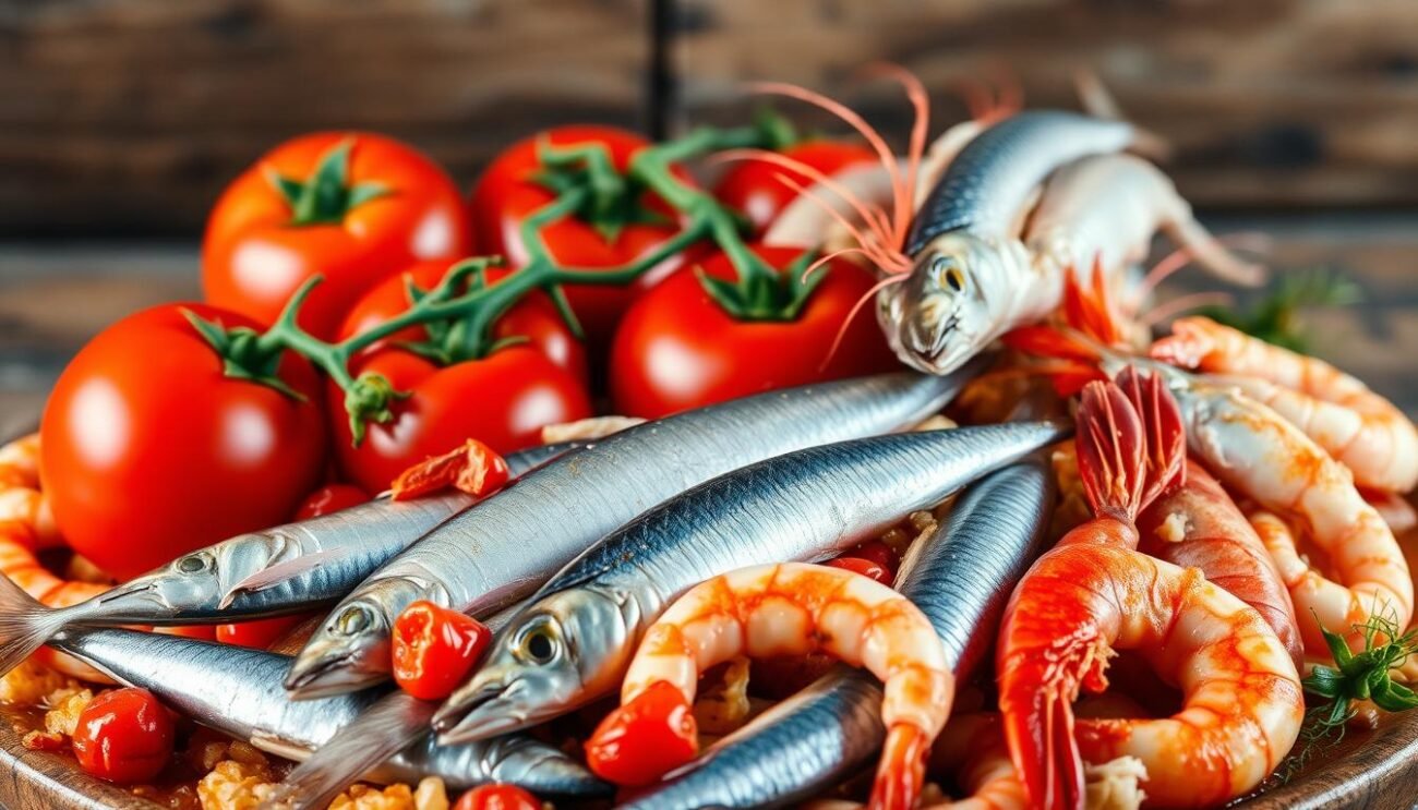 A vibrant still life showcasing the authentic ingredients of the traditional Brodetto alla Vastese seafood stew. In the foreground, a variety of fresh Adriatic fish - silvery anchovies, glistening sardines, and plump, ruby-red shrimp. In the middle ground, ripe, juicy tomatoes in shades of crimson and amber, adding a fiery touch to the dish. The background features a rustic, wooden tabletop, evoking the coastal charm of the Adriatic region. Soft, natural lighting highlights the textures and colors, creating an inviting, appetizing atmosphere. The composition is balanced and visually appealing, capturing the essence of this iconic regional specialty. A vibrant still life showcasing the authentic ingredients of the traditional Brodetto alla Vastese seafood stew. In the foreground, a variety of fresh Adriatic fish - silvery anchovies, glistening sardines, and plump, ruby-red shrimp. In the middle ground, ripe, juicy tomatoes in shades of crimson and amber, adding a fiery touch to the dish. The background features a rustic, wooden tabletop, evoking the coastal charm of the Adriatic region. Soft, natural lighting highlights the textures and colors, creating an inviting, appetizing atmosphere. The composition is balanced and visually appealing, capturing the essence of this iconic regional specialty.