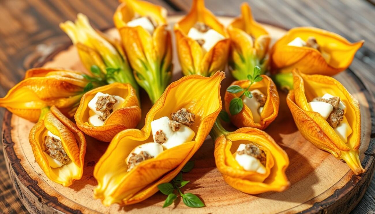A visually appetizing arrangement of freshly harvested zucchini blossoms, carefully stuffed with a creamy blend of mozzarella and anchovies. The golden-fried petals glisten under the warm, natural lighting, their delicate shapes and textures inviting the viewer to imagine the savory filling within. The blossoms are artfully displayed on a rustic, wooden surface, surrounded by a few sprigs of fresh herbs to complement the vibrant colors and flavors. This mouthwatering scene captures the essence of authentic Italian antipasti, showcasing the simple yet sumptuous delight of "fiori di zucca ripieni".