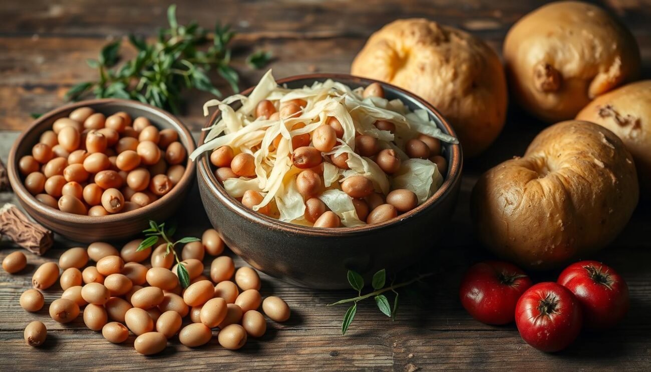 A visually-rich still life of the classic ingredients used to make the traditional Jota Triestina soup of Friuli: plump beans, crisp sauerkraut, and starchy potatoes, artfully arranged on a rustic wooden surface. Soft, natural lighting illuminates the vibrant colors and textures, evoking the warmth and hearty comfort of this beloved regional dish. The composition is balanced and inviting, with the various components occupying distinct yet harmonious areas of the frame. An authentic representation of the essential elements that define the identity and flavor of the Jota Triestina.