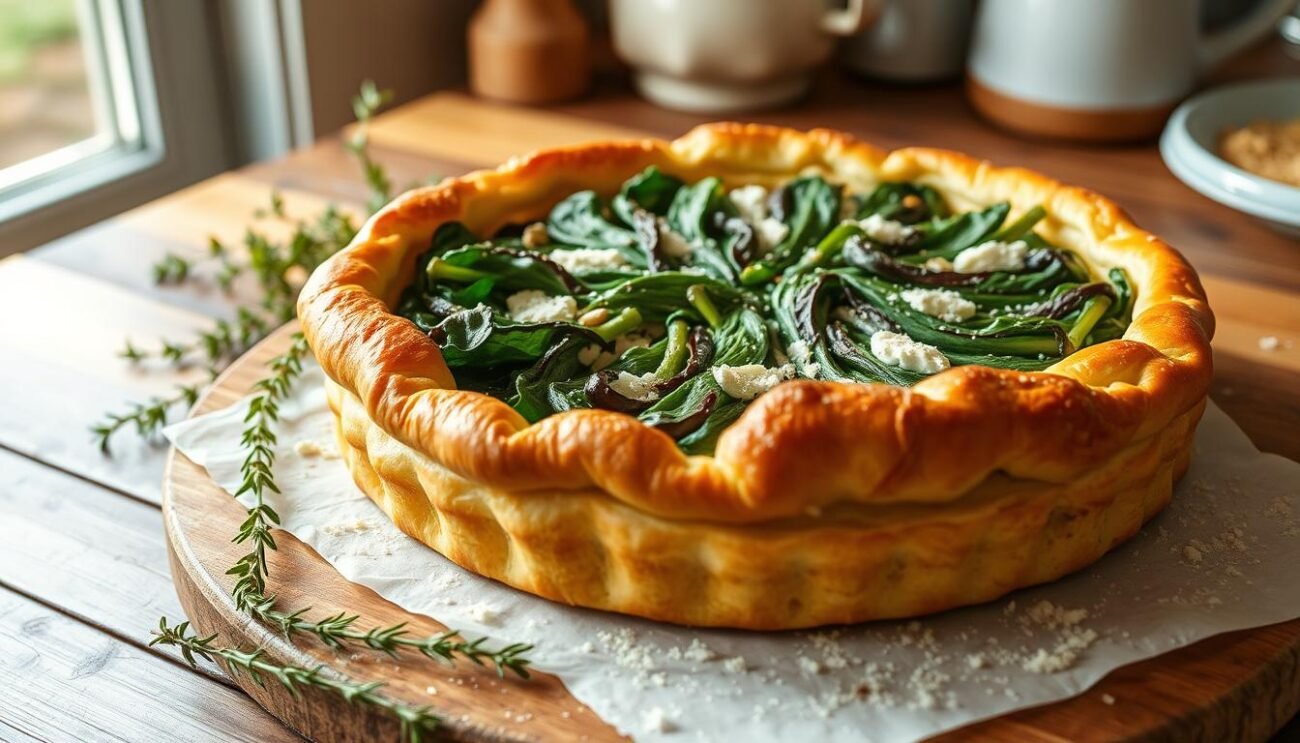 A warm and inviting kitchen scene, showcasing a freshly baked "torta pasqualina" - a classic Italian Easter pie made with a delicate, flaky pastry shell and a filling of vibrant Swiss chard, creamy ricotta, and aromatic herbs. The pie is presented on a rustic wooden table, surrounded by a few sprigs of fresh thyme and a sprinkle of grated Parmesan cheese. The light streams in through a nearby window, casting a soft, golden glow over the scene, highlighting the intricate layers of the pastry and the rich, vibrant colors of the filling. The atmosphere is one of comfort, tradition, and the celebration of the season. A warm and inviting kitchen scene, showcasing a freshly baked "torta pasqualina" - a classic Italian Easter pie made with a delicate, flaky pastry shell and a filling of vibrant Swiss chard, creamy ricotta, and aromatic herbs. The pie is presented on a rustic wooden table, surrounded by a few sprigs of fresh thyme and a sprinkle of grated Parmesan cheese. The light streams in through a nearby window, casting a soft, golden glow over the scene, highlighting the intricate layers of the pastry and the rich, vibrant colors of the filling. The atmosphere is one of comfort, tradition, and the celebration of the season.