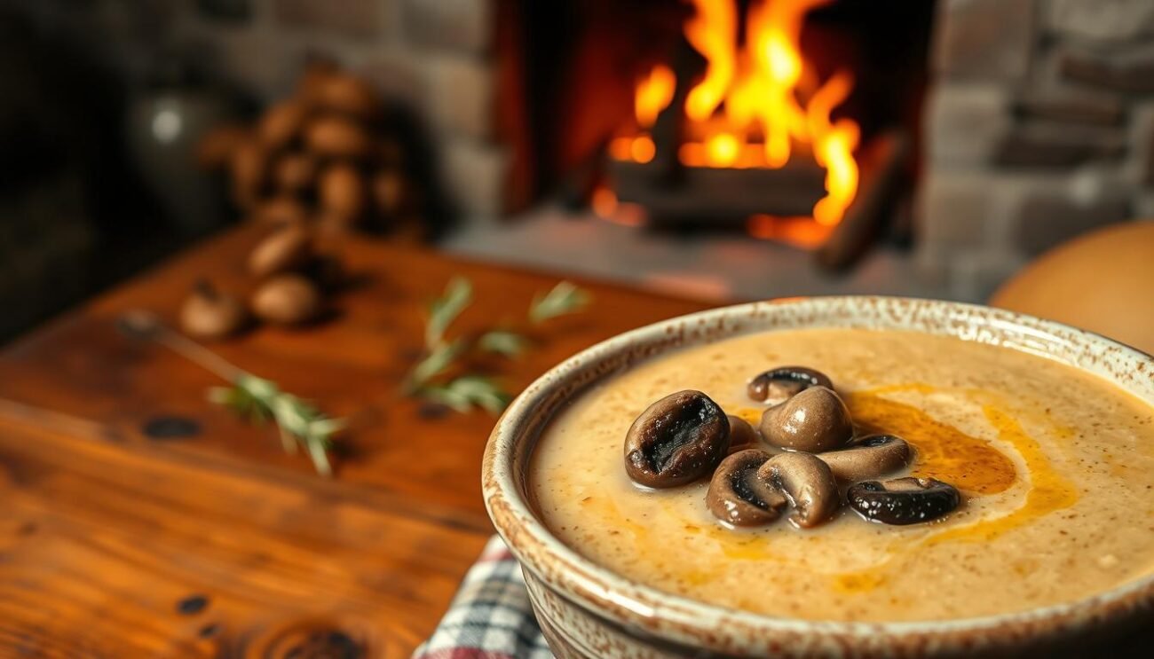 A warm, autumnal scene of a hearty zuppa castagne, a traditional chestnut soup from the Cimini Mountains of Lazio, Italy. In the foreground, a rustic ceramic bowl brimming with the rich, creamy soup, garnished with sautéed porcini mushrooms and a drizzle of fragrant olive oil. The middle ground features a wooden table, perhaps an old farmhouse table, with a checked cloth and a sprig of rosemary, evoking the comforts of home. In the background, a cozy fireplace casts a soft, golden glow, hinting at the perfect pairing of this soul-warming dish on a chilly autumn day. The lighting is soft and inviting, capturing the essence of a delightful seasonal dish to be savored and enjoyed.