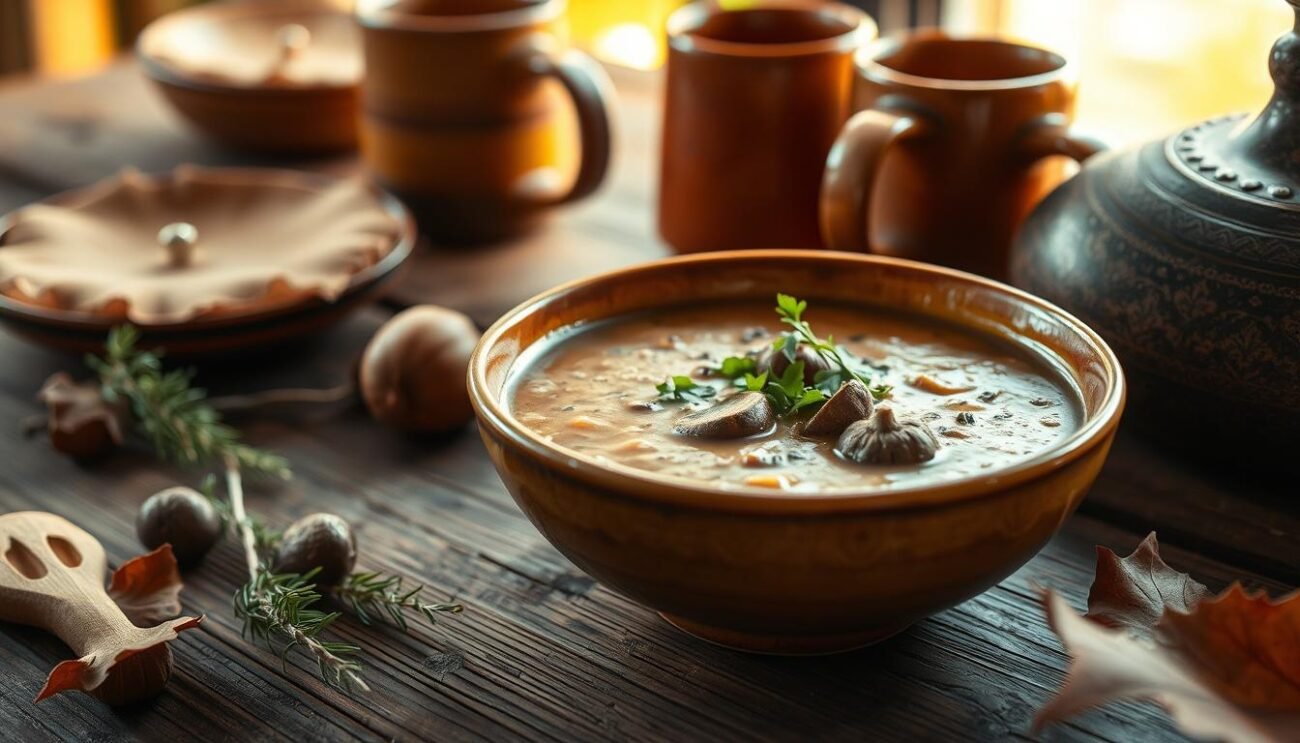 A warm, cozy autumn scene featuring a bowl of hearty chestnut soup (zuppa di castagne) on a rustic wooden table. The soup is made with freshly foraged porcini mushrooms, garnished with a sprinkle of chopped parsley. The lighting is soft and diffused, casting a golden glow over the scene. In the background, a row of earthy-toned ceramic bowls and mugs hints at the comforting homemade nature of the dish. The composition is simple yet elegant, inviting the viewer to savor the rich, earthy flavors of this quintessential Lazio autumn specialty.