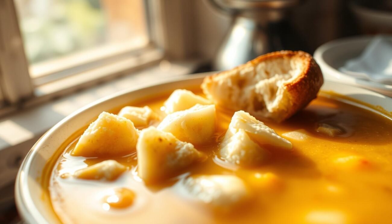 A warm, inviting bowl of zuppa gallurese, a traditional Sardinian soup made with bread, broth, and cheese. The thick, creamy broth gently cradles tender chunks of artisanal pecorino sardo, its tangy richness contrasting with the soft, pillowy bread. Sunlight streams through a window, casting a gentle glow over the scene. The textures and flavors of this rustic, comforting dish are captured in a high-resolution, photorealistic image, showcasing the nutritional value and authentic character of this iconic Sardinian specialty.