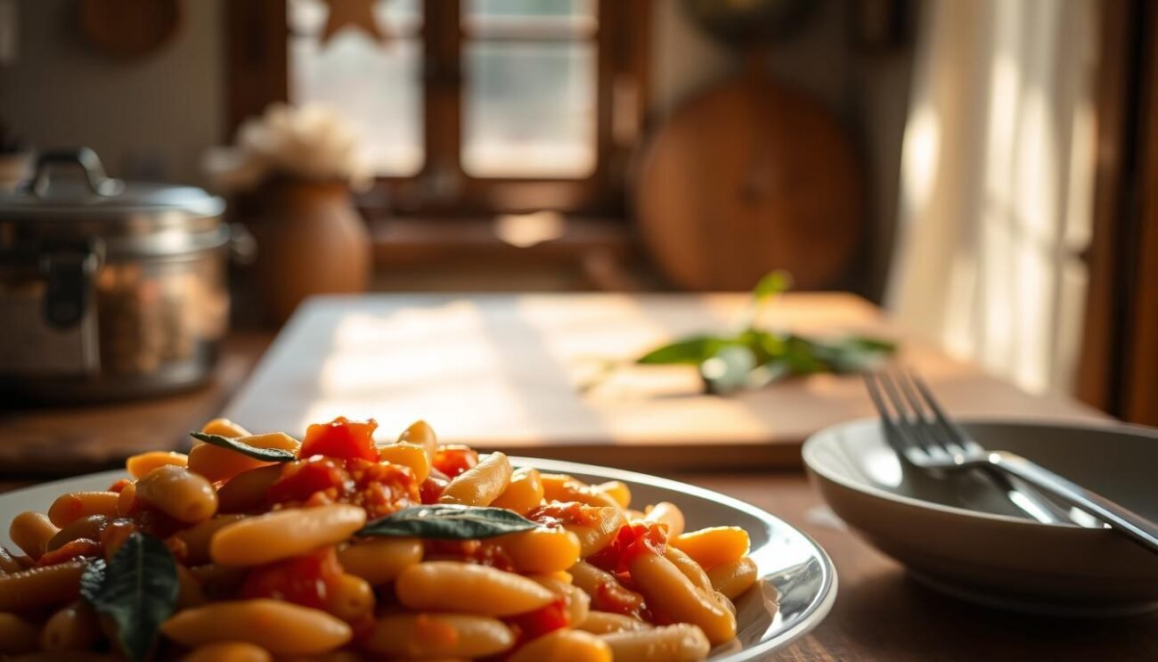 A warm, inviting scene of a classic Italian side dish - Fagioli all'uccelletto. In the foreground, a plate of tender, flame-roasted white beans glistens with a vibrant tomato and sage sauce. The rich, earthy flavors are enhanced by a gentle golden light filtering through a window, casting soft shadows across the table. In the middle ground, a simple, rustic wooden surface provides a natural backdrop, while the background fades into a soft, hazy ambiance, evoking the cozy atmosphere of a traditional Italian kitchen. The overall composition radiates a sense of homemade comfort and authentic, regional cuisine.