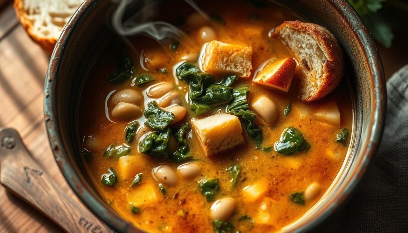 A warm, rustic bowl of Ribollita Toscana, a hearty Tuscan vegetable and bread soup. Thick, creamy broth, studded with tender chunks of kale, cannellini beans, and chunks of crusty sourdough bread. Wisps of steam rise from the bowl, hinting at the complex flavors melded through slow simmering. The scene is bathed in soft, golden light, casting a cozy, homey atmosphere. A simple, unadorned wooden table, perhaps a well-worn wooden spoon nearby, completes this comforting, authentic vision of traditional Tuscan cuisine. A warm, rustic bowl of Ribollita Toscana, a hearty Tuscan vegetable and bread soup. Thick, creamy broth, studded with tender chunks of kale, cannellini beans, and chunks of crusty sourdough bread. Wisps of steam rise from the bowl, hinting at the complex flavors melded through slow simmering. The scene is bathed in soft, golden light, casting a cozy, homey atmosphere. A simple, unadorned wooden table, perhaps a well-worn wooden spoon nearby, completes this comforting, authentic vision of traditional Tuscan cuisine.