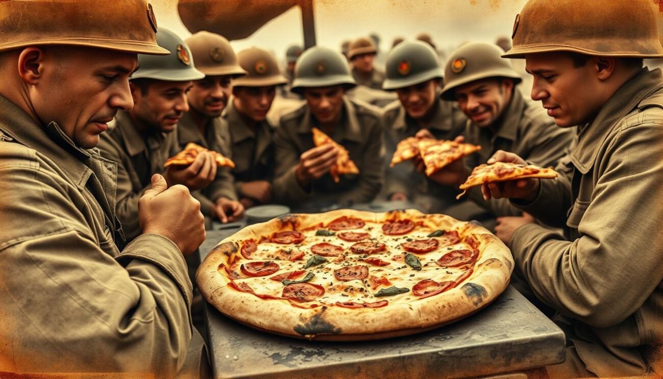 A weathered, sepia-toned image of a group of World War II soldiers gathered around a makeshift outdoor kitchen, enjoying slices of steaming hot pizza. The foreground features the soldiers in their military uniforms, their faces etched with the hardships of war, yet their expressions filled with a moment of respite and camaraderie as they savor the familiar comfort of this beloved dish. In the middle ground, the pizza itself takes center stage, the crust charred and the toppings glistening, a testament to the resourcefulness and adaptability of the Italian culinary tradition. The background blends into a hazy, war-torn landscape, suggesting the larger context of the global conflict that has brought these individuals together in this unexpected moment of shared cultural experience. A weathered, sepia-toned image of a group of World War II soldiers gathered around a makeshift outdoor kitchen, enjoying slices of steaming hot pizza. The foreground features the soldiers in their military uniforms, their faces etched with the hardships of war, yet their expressions filled with a moment of respite and camaraderie as they savor the familiar comfort of this beloved dish. In the middle ground, the pizza itself takes center stage, the crust charred and the toppings glistening, a testament to the resourcefulness and adaptability of the Italian culinary tradition. The background blends into a hazy, war-torn landscape, suggesting the larger context of the global conflict that has brought these individuals together in this unexpected moment of shared cultural experience.