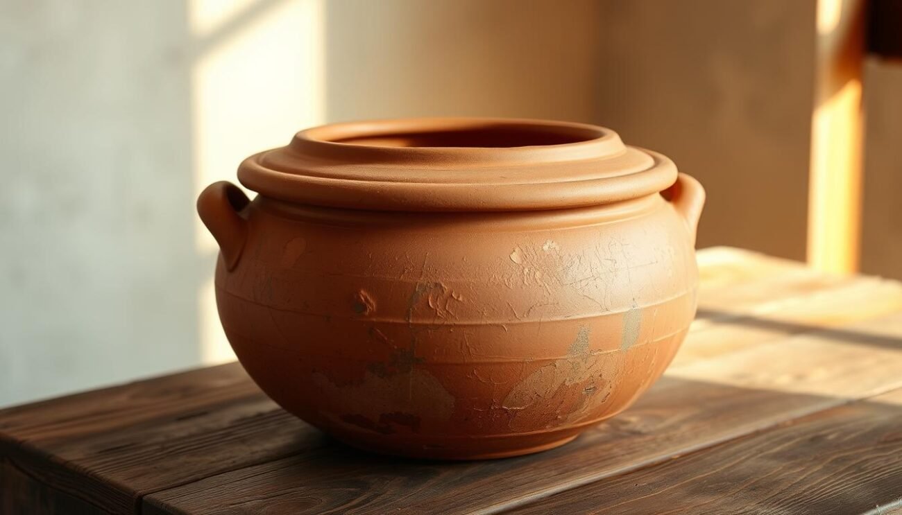 A weathered terracotta coccio, its surface textured with the passage of time, sits upon a simple wooden table. Warm, natural lighting filters in, casting soft shadows that accentuate the coccio's organic form. The terracotta's earthy hue complements the rustic, earthy tones of the wooden table, creating a harmonious and inviting composition. This traditional Italian vessel, a testament to centuries-old craftsmanship, evokes the timeless essence of Vastese cuisine and the preparation of the iconic Brodetto alla Vastese, a spicy Adriatic seafood soup. A weathered terracotta coccio, its surface textured with the passage of time, sits upon a simple wooden table. Warm, natural lighting filters in, casting soft shadows that accentuate the coccio's organic form. The terracotta's earthy hue complements the rustic, earthy tones of the wooden table, creating a harmonious and inviting composition. This traditional Italian vessel, a testament to centuries-old craftsmanship, evokes the timeless essence of Vastese cuisine and the preparation of the iconic Brodetto alla Vastese, a spicy Adriatic seafood soup.