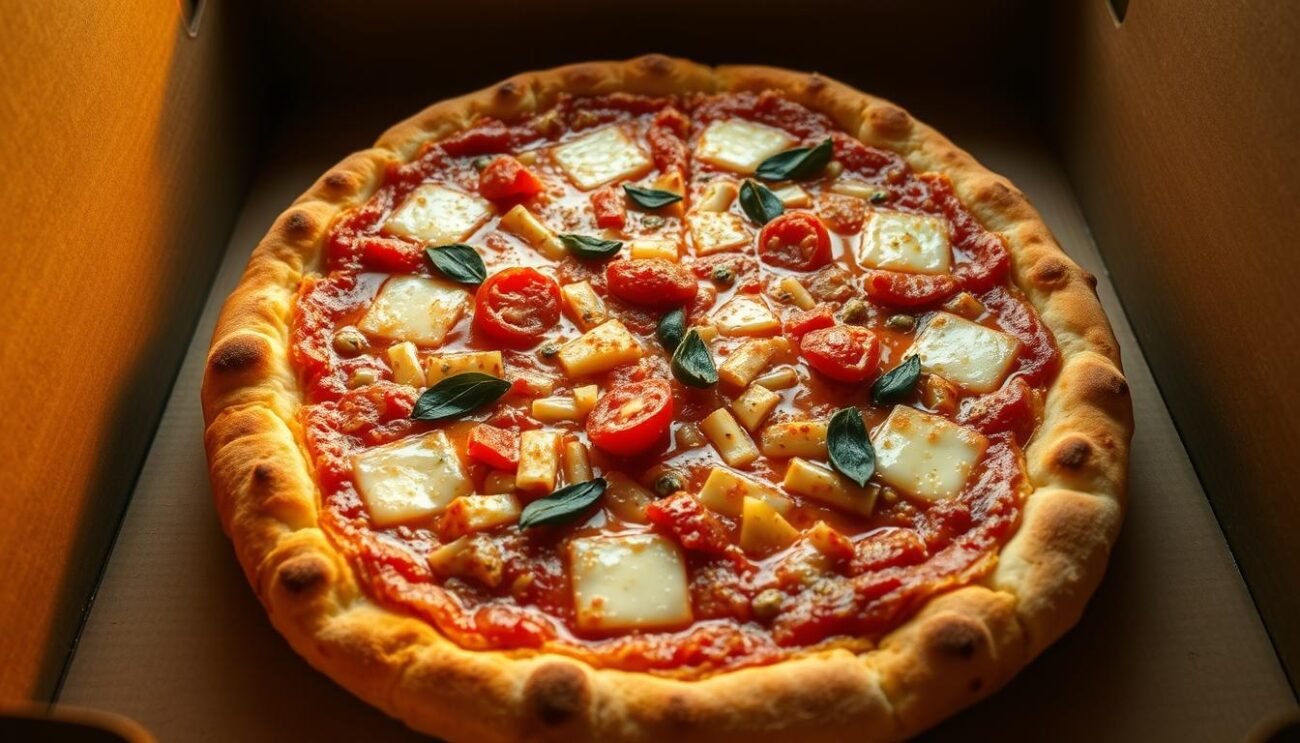 A well-preserved Italian military-style pizza, baked with robust tomato sauce, tangy cheese, and preserved ingredients for maximum shelf life. The thick, sturdy crust is designed to withstand the rigors of transport and field conditions, while the mouthwatering toppings evoke the comforts of home. Lit by a warm, golden glow, the pizza appears ready to sustain and nourish weary soldiers on the frontlines, a testament to the ingenuity of wartime food innovation. Captured with a wide-angle lens, the image conveys the pizza's substantial, durable nature, ready to weather the harshest of conditions and keep morale high. A well-preserved Italian military-style pizza, baked with robust tomato sauce, tangy cheese, and preserved ingredients for maximum shelf life. The thick, sturdy crust is designed to withstand the rigors of transport and field conditions, while the mouthwatering toppings evoke the comforts of home. Lit by a warm, golden glow, the pizza appears ready to sustain and nourish weary soldiers on the frontlines, a testament to the ingenuity of wartime food innovation. Captured with a wide-angle lens, the image conveys the pizza's substantial, durable nature, ready to weather the harshest of conditions and keep morale high.