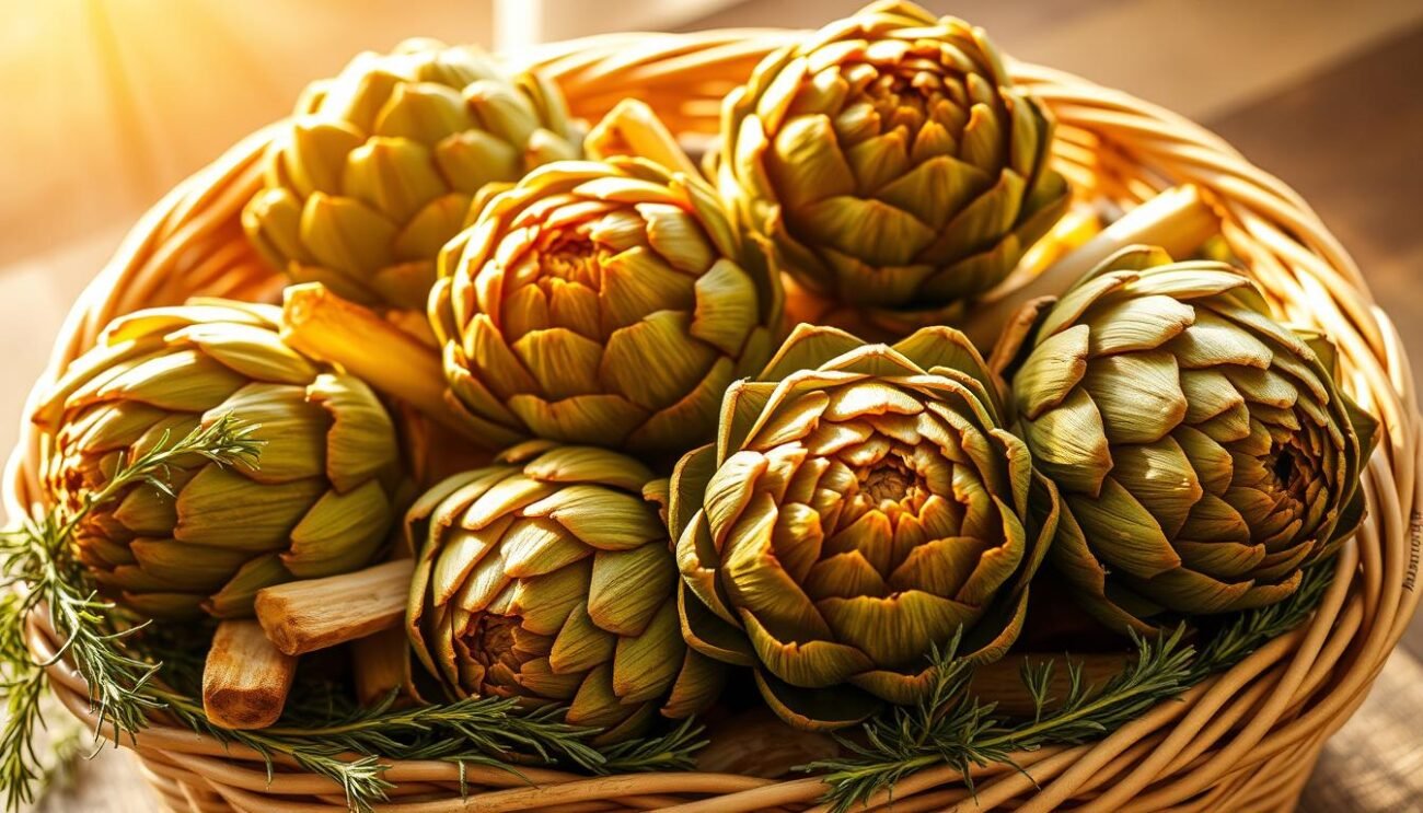 A wicker basket overflows with large, vibrant artichokes. Their thick, green leaves unfurl, showcasing their distinctive thistle-like appearance. The artichokes are complemented by a scattering of fresh herbs, such as rosemary and thyme, whose earthy aromas linger in the air. Warm, golden light filters through the scene, casting a soft, inviting glow. The artichokes appear crisp and perfectly fried, their exteriors a deep, golden-brown hue. The overall composition evokes the rich, traditional flavors of "Carciofi alla Giudia," a beloved Roman dish. A wicker basket overflows with large, vibrant artichokes. Their thick, green leaves unfurl, showcasing their distinctive thistle-like appearance. The artichokes are complemented by a scattering of fresh herbs, such as rosemary and thyme, whose earthy aromas linger in the air. Warm, golden light filters through the scene, casting a soft, inviting glow. The artichokes appear crisp and perfectly fried, their exteriors a deep, golden-brown hue. The overall composition evokes the rich, traditional flavors of "Carciofi alla Giudia," a beloved Roman dish.