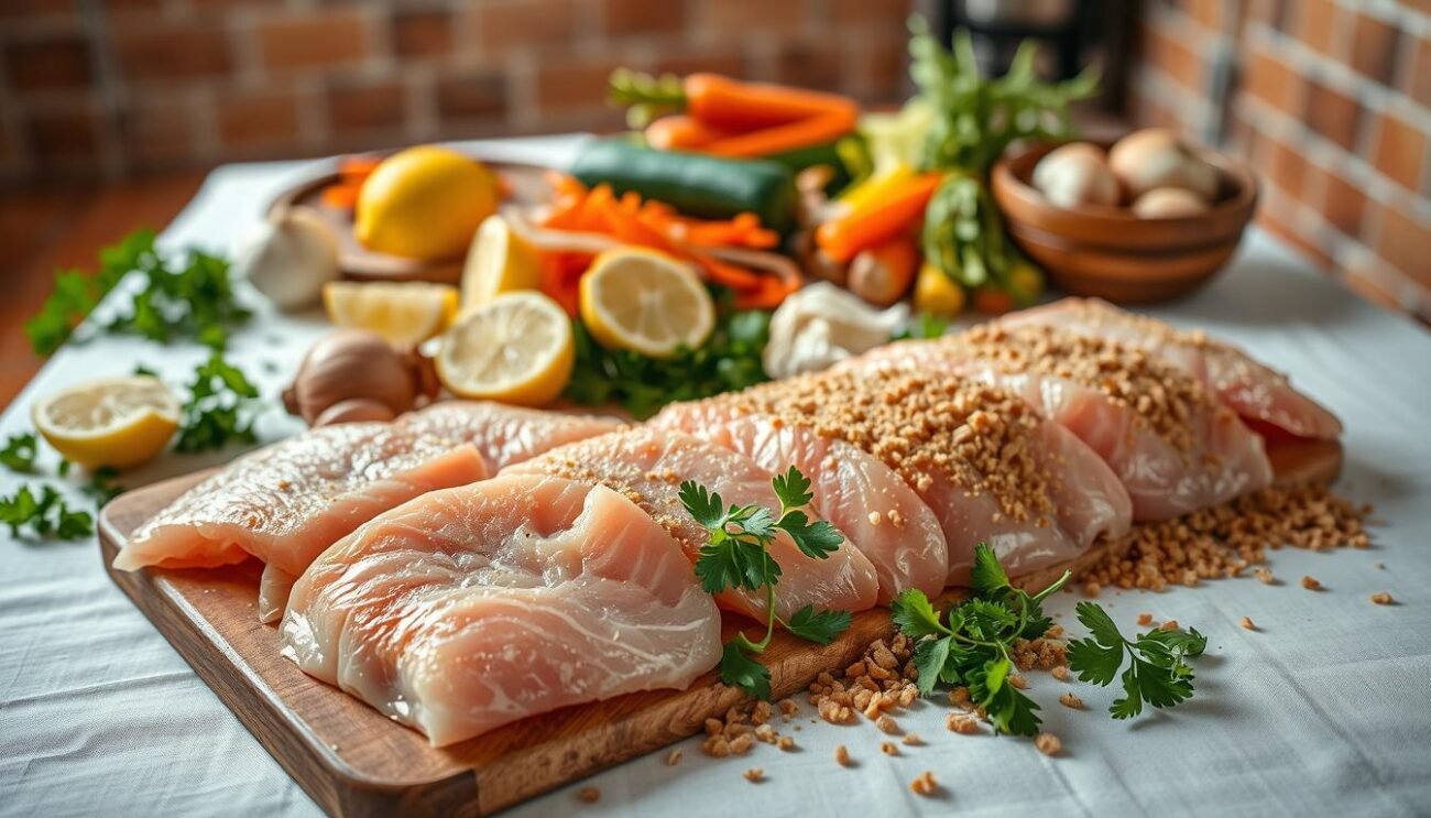 A wooden table covered in a crisp white tablecloth, showcasing a bountiful selection of fresh ingredients for the perfect swordfish rolls. In the foreground, thick slices of tender swordfish fillets, their vibrant pink hues contrasting with the rich brown breadcrumbs ready for a delicate panatura. Alongside, freshly chopped parsley, garlic, and lemon wedges, their aromas mingling in the warm, soft lighting. In the middle ground, a variety of colorful vegetables - julienned carrots, diced zucchini, and aromatic onions - awaiting their role in the flavorful filling. The background hints at a rustic Italian kitchen, with terracotta tiles and a hint of terracotta-tiled walls, evoking the authentic Messina setting. The overall composition exudes a sense of effortless, Mediterranean-inspired elegance.