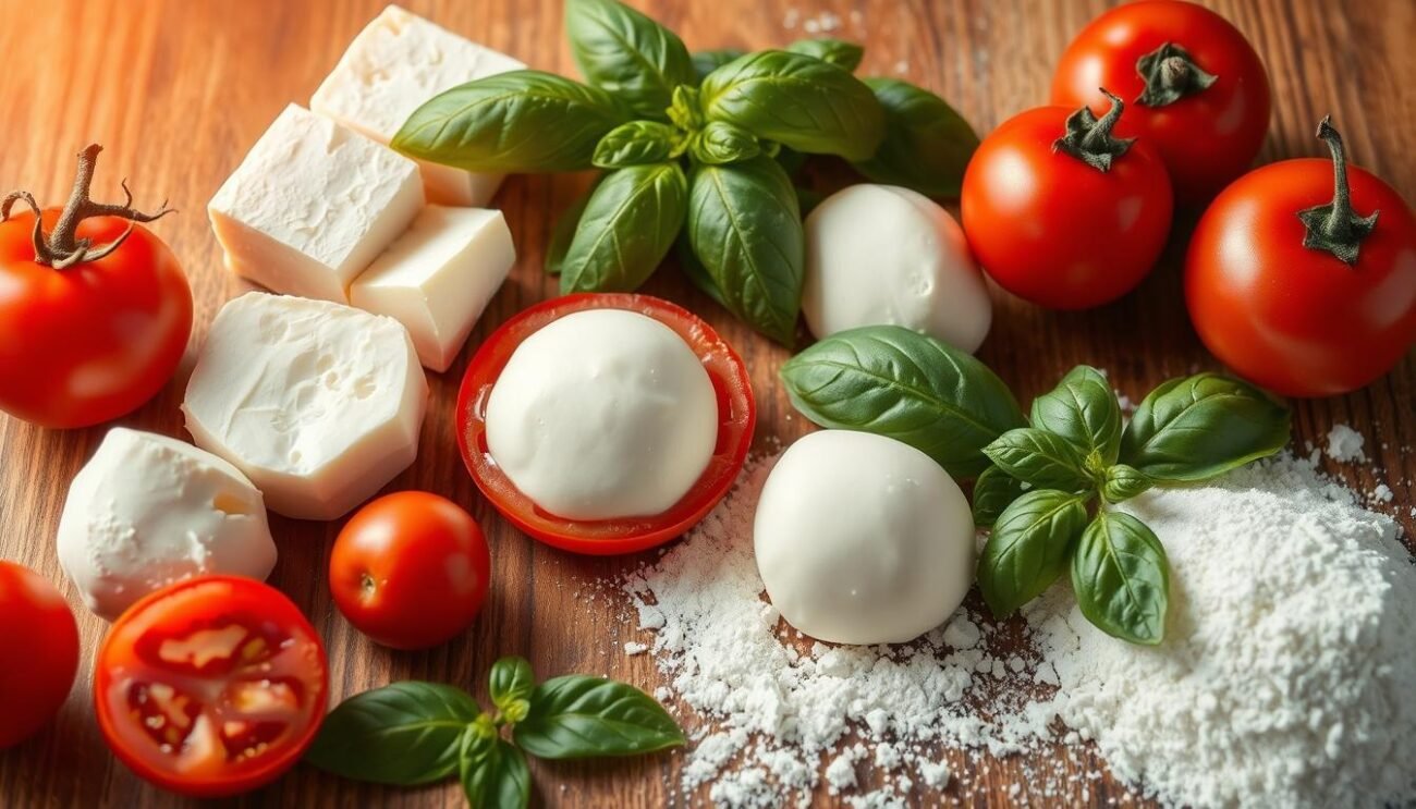 A wooden table filled with an assortment of fresh ingredients for making panzerotti: plump tomatoes, creamy mozzarella cheese, aromatic basil leaves, and a handful of flour. Warm lighting from above casts a soft glow, highlighting the textures and colors of the components. The overall scene evokes the warm, homemade atmosphere of traditional Italian cuisine, setting the stage for the preparation of these delectable fried pastries.