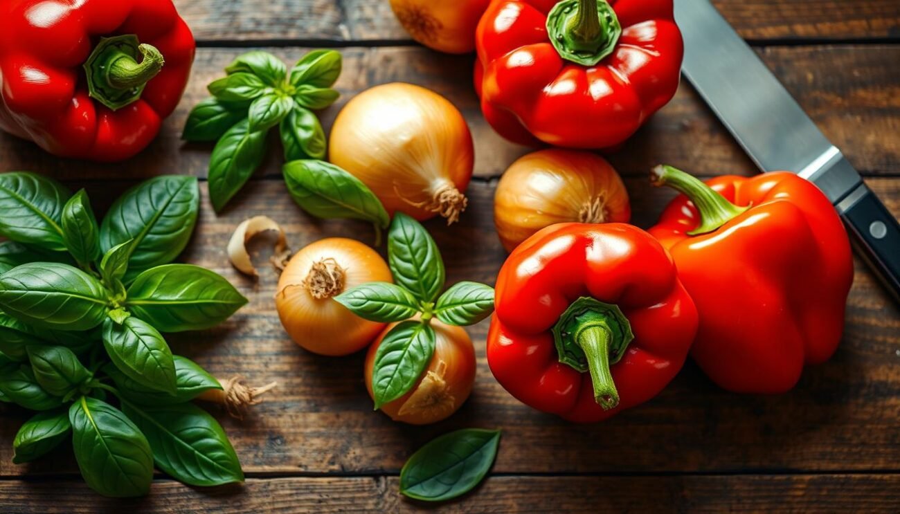 A wooden table laid with a vibrant array of Mediterranean produce - crimson red bell peppers, golden onions, lustrous green basil leaves, and a gleaming knife. Soft, indirect lighting casts a warm glow, highlighting the texture and color of the ingredients. The composition is balanced and harmonious, with the peppers and onions taking center stage. This authentic, rustic scene evokes the spirit of traditional Italian cooking, capturing the essence of the "peperonata" in a visually compelling way.
