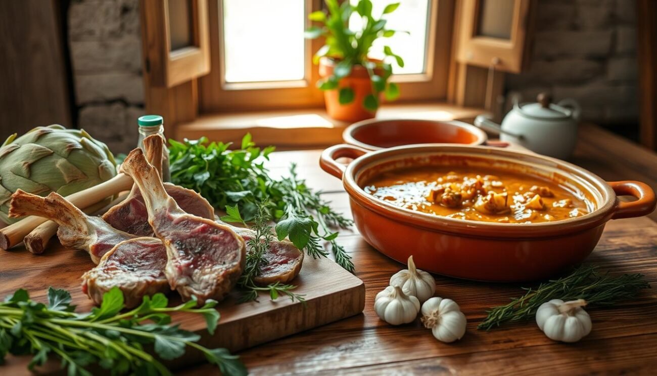 A wooden table with a rustic Mediterranean setting. In the foreground, a cutting board showcases a selection of fresh ingredients: succulent lamb chops, vibrant artichokes, fragrant herbs, and aromatic garlic cloves. The middle ground features a terracotta dish filled with a hearty stew, the rich, creamy sauce glistening. In the background, a sun-drenched windowsill with a potted plant casts a warm, natural light over the scene. The overall atmosphere evokes the flavors and aromas of Sardinian cuisine, setting the stage for a delectable spring-inspired dish.