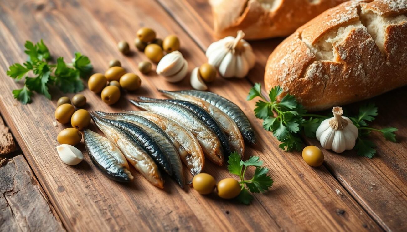 A wooden table with a rustic, weathered appearance. On the table, arrange a variety of fresh ingredients including plump anchovy fillets, green olives, capers, garlic cloves, fresh parsley, and a loaf of crusty Italian bread. Use warm, natural lighting to create a cozy, inviting atmosphere. The scene should evoke the simple, flavorful ingredients used in the traditional Ligurian dish of Acciughe Ripiene. Capture the essence of the dish's preparation, with the ingredients neatly organized, ready to be transformed into a delicious culinary masterpiece.