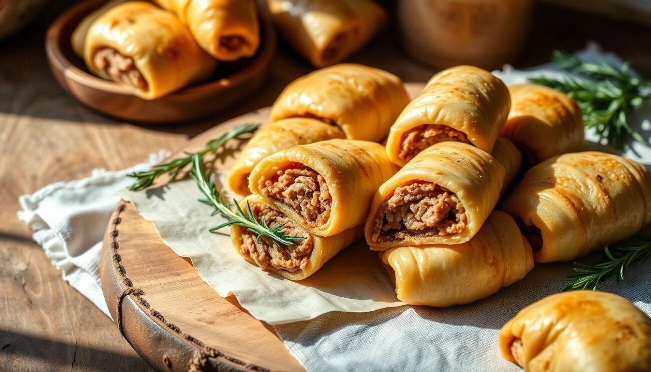 An artfully arranged display of traditional Puglian bombette, the signature pork rolls from the Itria Valley. Crisp golden-brown casings encase a savory filling of finely minced pork, herbs, and spices. A rustic, sun-dappled table setting, with wooden board, linen napkin, and a sprig of fresh rosemary, creates an appetizing scene. Warm, earthy tones and gentle side lighting emphasize the rich, homemade quality of these beloved local delicacies. This image perfectly captures the essence of "Consigli per Bombette Pugliesi perfette" - offering a mouthwatering visual guide to crafting these quintessential Puglian specialties.