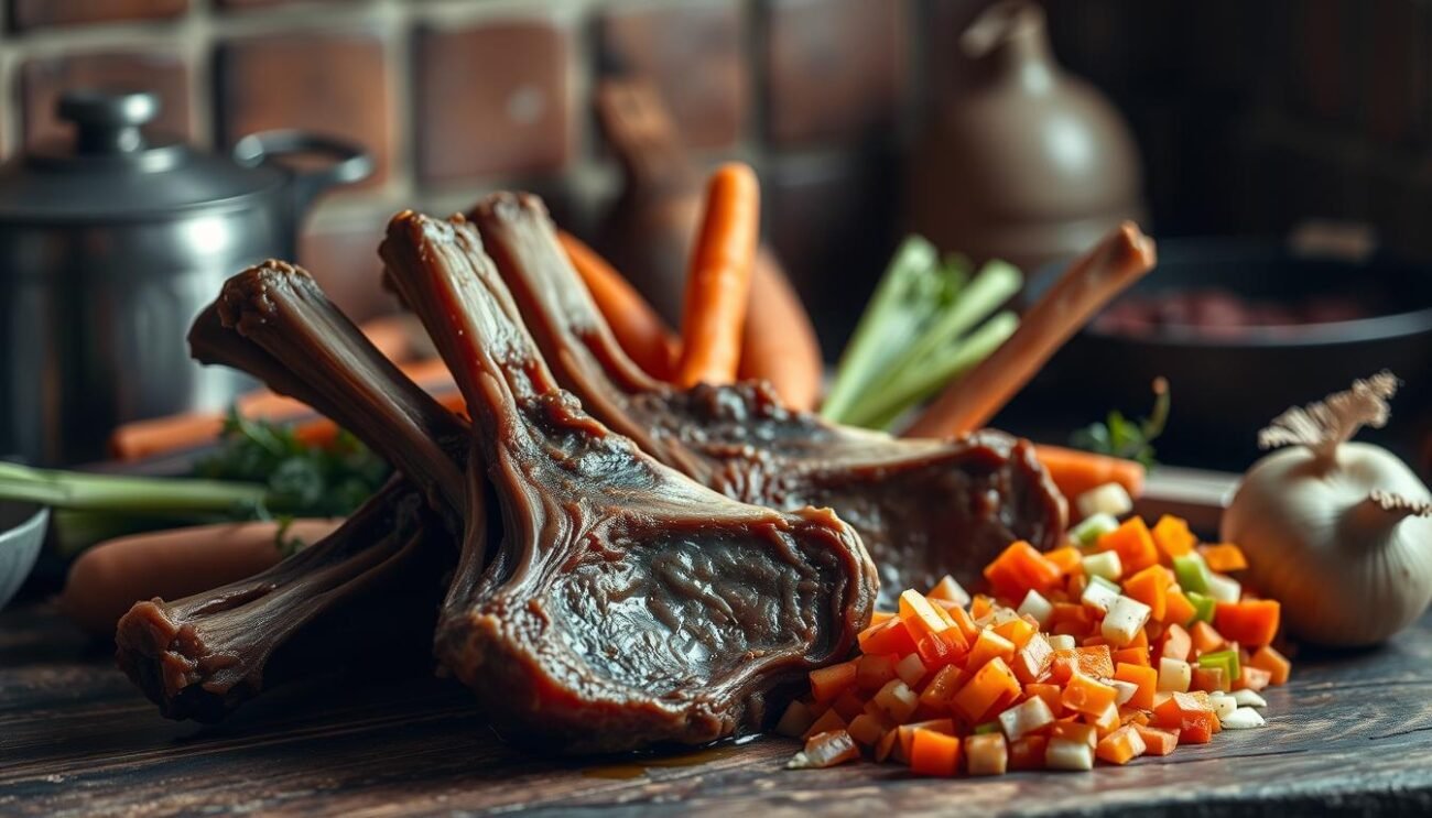 An artfully arranged still life depicting the authentic ingredients for the iconic Roman dish, Coda alla Vaccinara. In the foreground, a selection of premium oxtail cuts, their rich, gelatinous texture and deep, earthy hues inviting the viewer to imagine the sumptuous braise to come. Surrounding the meat, a medley of aromatic vegetables - vibrant carrots, celery stalks, and onions - all impeccably chopped, ready to impart their flavors. In the background, a subtle play of light and shadow accentuates the rustic, terra cotta-toned kitchen setting, evoking the timeless traditions of Roman culinary heritage. The overall composition, captured with a soft, almost nostalgic lens, perfectly encapsulates the essence of this quintessential Roman dish.