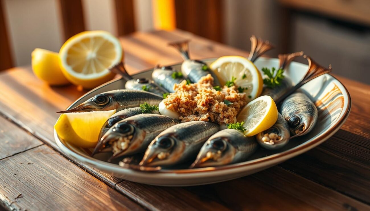 An artfully plated dish of "alici ripiene", or stuffed anchovies, sits on a wooden table against a backdrop of warm, golden light. The fresh, silvery anchovies are delicately rolled and filled with a savory mixture of breadcrumbs, garlic, parsley, and mozzarella cheese. The dish is garnished with lemon wedges, adding a bright, citrusy accent. The scene evokes the rustic, coastal charm of the Cilento region, where this traditional Neapolitan delicacy is a beloved local specialty. The overall atmosphere is one of authentic, homespun Italian culinary tradition.