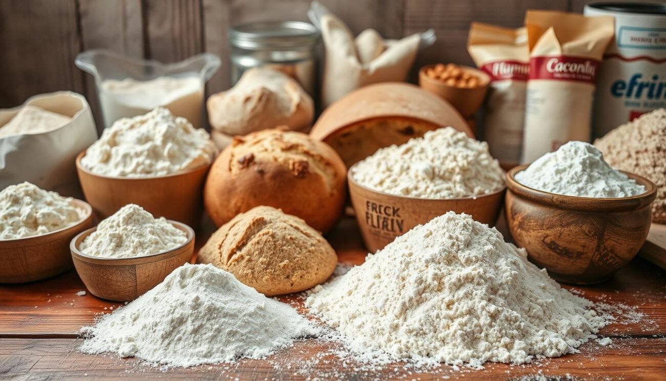 An assortment of various flours meticulously arranged on a rustic wooden table, illuminated by soft, natural lighting. In the foreground, fine pastry flours in shades of ivory and cream take center stage, their textures inviting the viewer to imagine the delicate pastries they can create. Midground showcases heartier bread flours in earthy tones, hinting at the robust, chewy textures they can lend to baked goods. In the background, specialty flours such as almond, coconut, and buckwheat peek out, symbolizing the endless possibilities for unique, flavorful confections. The overall scene exudes a welcoming, artisanal atmosphere, capturing the essence of the foundational ingredients for perfect, homemade desserts.