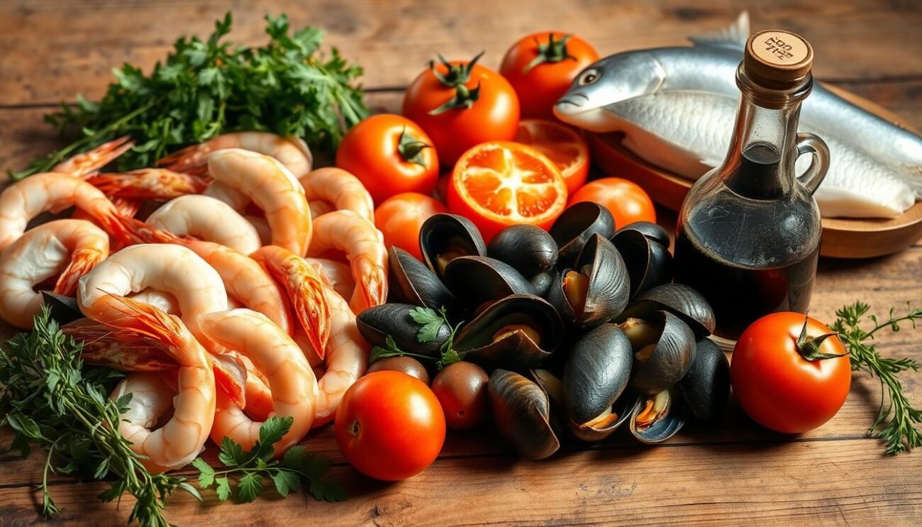 An authentic display of the essential ingredients for the renowned Brodetto alla Fanese, a traditional Italian seafood stew from the Marche region. A wooden table is adorned with a vibrant array of fresh seafood, including succulent shrimp, firm white fish fillets, and plump mussels. Alongside, an assortment of aromatic herbs, ripe tomatoes, and a vintage glass bottle filled with aged balsamic vinegar create a rustic, coastal atmosphere. The lighting is soft and warm, casting a natural glow over the scene, capturing the essence of this time-honored recipe. The overall composition conveys the simplicity and quality of the authentic Brodetto alla Fanese ingredients. An authentic display of the essential ingredients for the renowned Brodetto alla Fanese, a traditional Italian seafood stew from the Marche region. A wooden table is adorned with a vibrant array of fresh seafood, including succulent shrimp, firm white fish fillets, and plump mussels. Alongside, an assortment of aromatic herbs, ripe tomatoes, and a vintage glass bottle filled with aged balsamic vinegar create a rustic, coastal atmosphere. The lighting is soft and warm, casting a natural glow over the scene, capturing the essence of this time-honored recipe. The overall composition conveys the simplicity and quality of the authentic Brodetto alla Fanese ingredients.