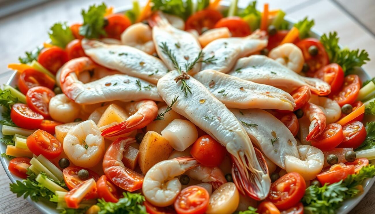 An elegant Cappon Magro, a traditional Genoese seafood salad, adorns a large platter. The centerpiece is a beautiful arrangement of tender poached fish fillets, shrimps, and sliced boiled potatoes, accented with delicate herbs and a drizzle of olive oil. The dish is surrounded by a decorative border of crunchy, brightly colored vegetables - vibrant tomatoes, crisp celery, and tangy capers. The lighting is soft and natural, highlighting the dish's refined textures and colors. The overall presentation evokes the refined simplicity and coastal heritage of this classic Ligurian specialty.