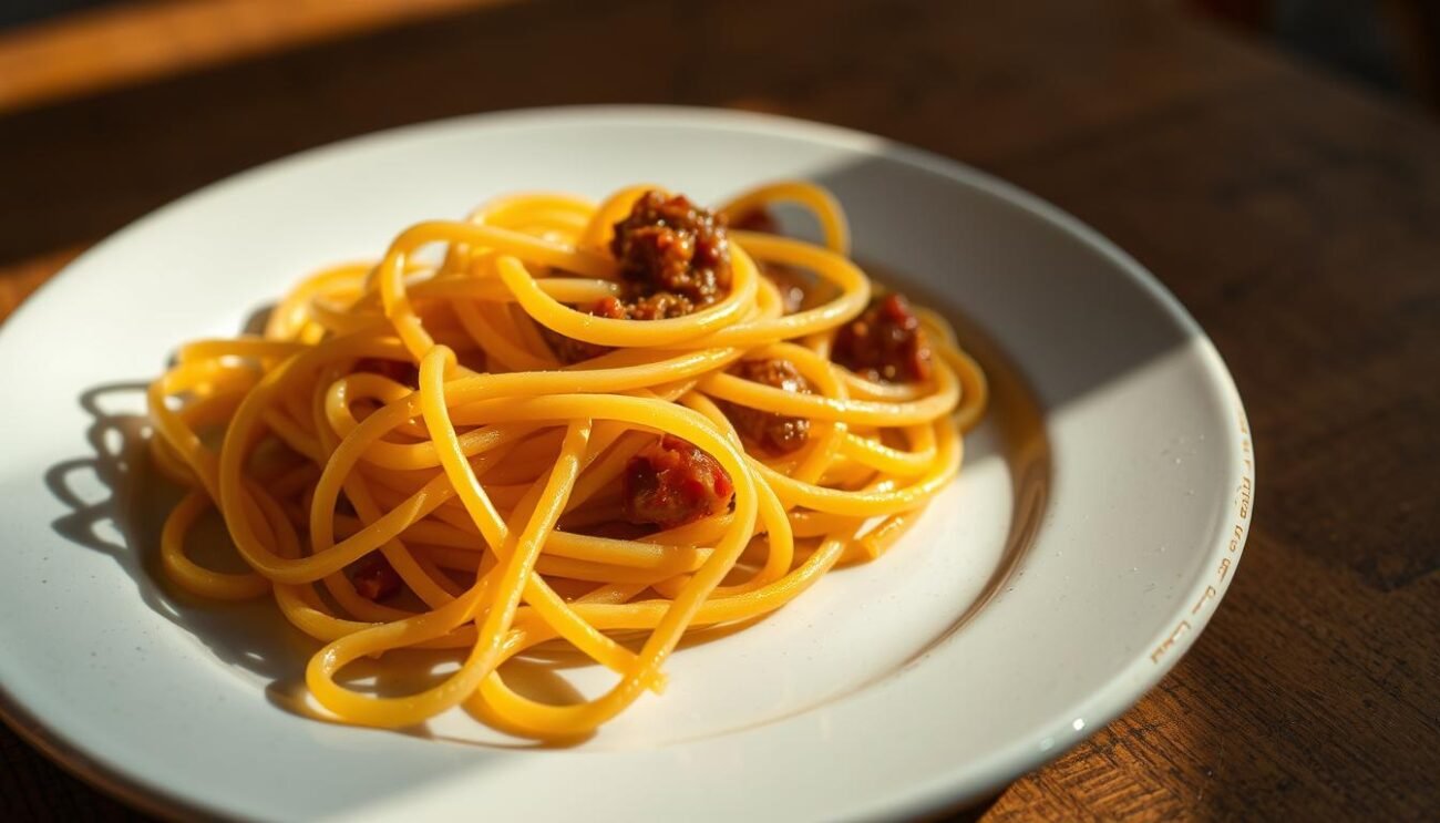 An elegant plate of traditional Italian pasta formato, gently lit from the side to reveal its intricate, handmade texture. The noodles, crafted with care using a wire-drawn method passed down through generations in the Calabrian region, glisten with a subtle sheen. A warm, earthy color palette evokes the rustic origins of this cherished culinary tradition. The image captures the timeless quality and artisanal essence of "Fileja con Sugo di Capra" - a pasta dish that embodies the rich history and pride of Calabrian cuisine.