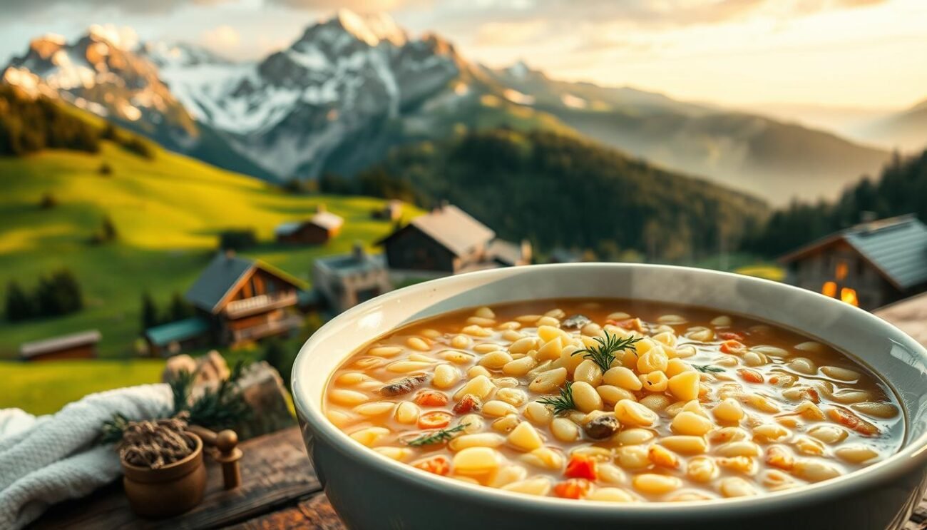 An idyllic alpine scene, with a large steaming bowl of hearty orzo perlato soup taking center stage. The orzo grains, plump and pearly, float in a rich broth flecked with aromatic herbs and tender vegetables. Surrounding the bowl, a tableau of the Alto Adige region unfolds - rolling green hills dotted with rustic mountain cottages, towering peaks capped with snow, and a cozy fireplace radiating warmth. Soft, diffused lighting casts a golden glow, evoking the comforting tradition of this beloved local dish. The overall mood is one of rustic simplicity and wholesome nourishment, perfectly capturing the essence of the "Zuppa di Orzo Altoatesina".