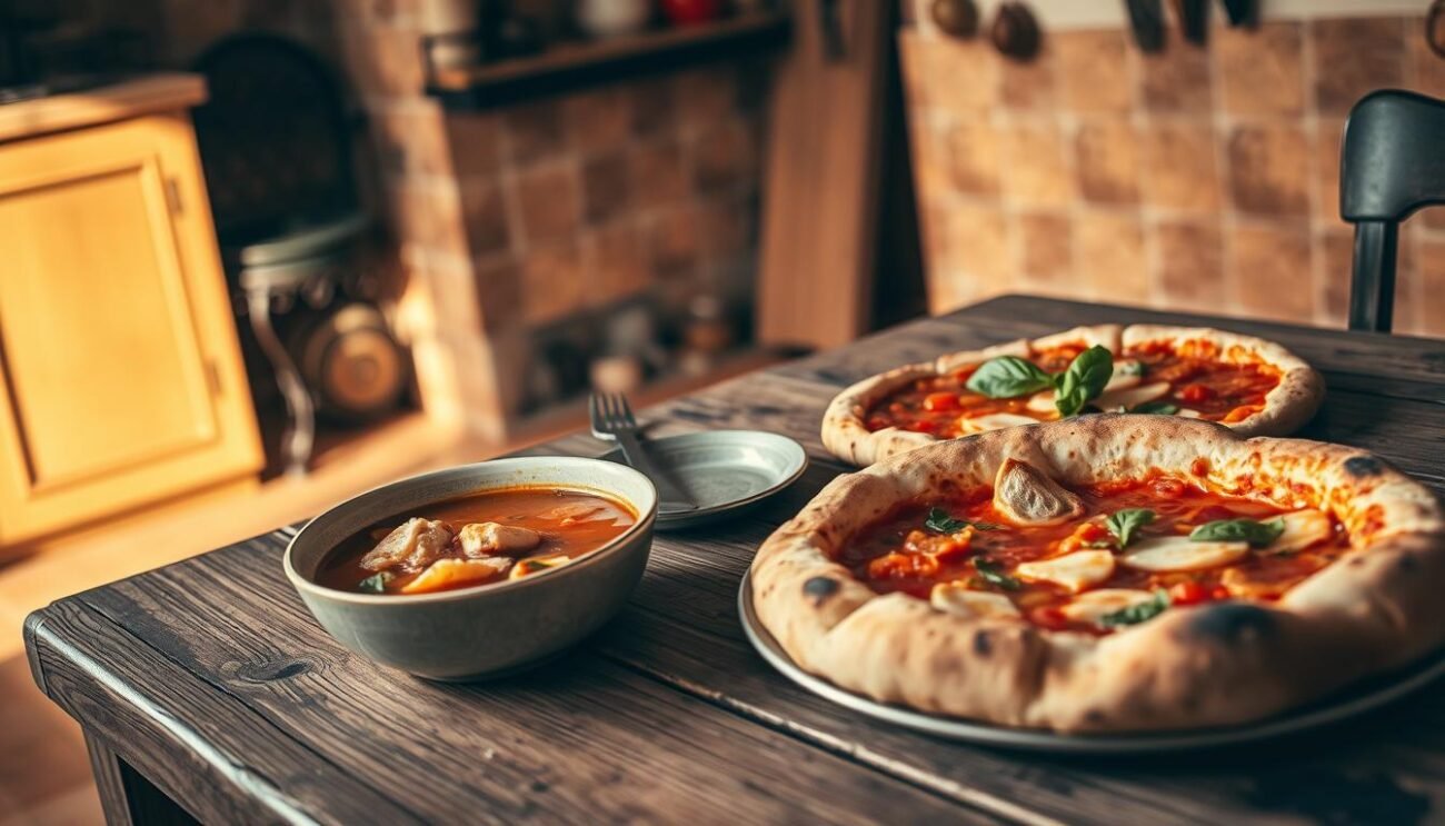 An old wooden table set with a traditional Italian meal of pizza e minestra. In the foreground, a steaming bowl of minestrone soup, with chunks of vegetables and hearty bread floating in the broth. On the table, a freshly baked pizza with a crisp crust, topped with tomatoes, mozzarella, and fresh basil. The scene is bathed in warm, golden light, casting a cozy, homey atmosphere. In the background, a simple, rustic kitchen with terracotta tiles and wrought-iron accents, hinting at the age-old traditions that inspired this classic dish. The composition evokes the comfort and nostalgia of a quintessential Italian home-cooked meal. An old wooden table set with a traditional Italian meal of pizza e minestra. In the foreground, a steaming bowl of minestrone soup, with chunks of vegetables and hearty bread floating in the broth. On the table, a freshly baked pizza with a crisp crust, topped with tomatoes, mozzarella, and fresh basil. The scene is bathed in warm, golden light, casting a cozy, homey atmosphere. In the background, a simple, rustic kitchen with terracotta tiles and wrought-iron accents, hinting at the age-old traditions that inspired this classic dish. The composition evokes the comfort and nostalgia of a quintessential Italian home-cooked meal.