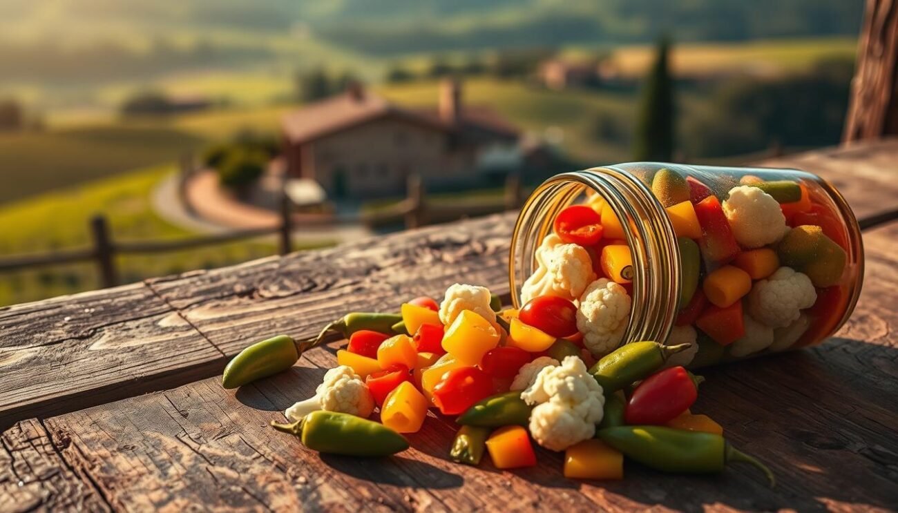 An overhead view of a rustic wooden table, the surface adorned with a vibrant array of homemade giardiniera. The jar's contents spill out, revealing a medley of pickled vegetables - crisp bell peppers, crunchy cauliflower, and tangy pepperoncini. The lighting is warm and natural, casting a golden glow that enhances the rich colors. In the background, a blurred Italian countryside scene provides a sense of place, with rolling hills and a distant farmhouse. The composition evokes a feeling of timeless tradition and wholesome, homemade preservation. An overhead view of a rustic wooden table, the surface adorned with a vibrant array of homemade giardiniera. The jar's contents spill out, revealing a medley of pickled vegetables - crisp bell peppers, crunchy cauliflower, and tangy pepperoncini. The lighting is warm and natural, casting a golden glow that enhances the rich colors. In the background, a blurred Italian countryside scene provides a sense of place, with rolling hills and a distant farmhouse. The composition evokes a feeling of timeless tradition and wholesome, homemade preservation.