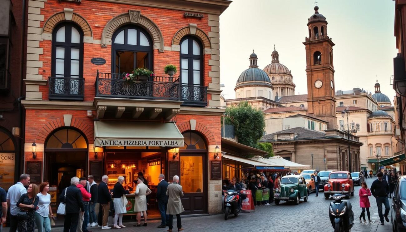 Antica Pizzeria Port'Alba, a historic landmark in the heart of Naples, Italy. A classic two-story brick building with arched windows and a charming balcony overlooking a bustling cobblestone street. The facade is adorned with intricate architectural details, evoking the timeless elegance of an 18th-century establishment. In the foreground, a small group of locals and tourists gather, admiring the vibrant scene and the aroma of freshly baked pizza wafting from the open doorway. The middle ground reveals the bustling energy of the neighborhood, with passersby, vendors, and the occasional vintage car or scooter adding to the lively atmosphere. The background is filled with the iconic domed roofs and bell towers of the city, casting a warm, golden glow over the entire scene. The lighting is soft and natural, creating a inviting, nostalgic ambiance that transports the viewer to this historic corner of Naples.