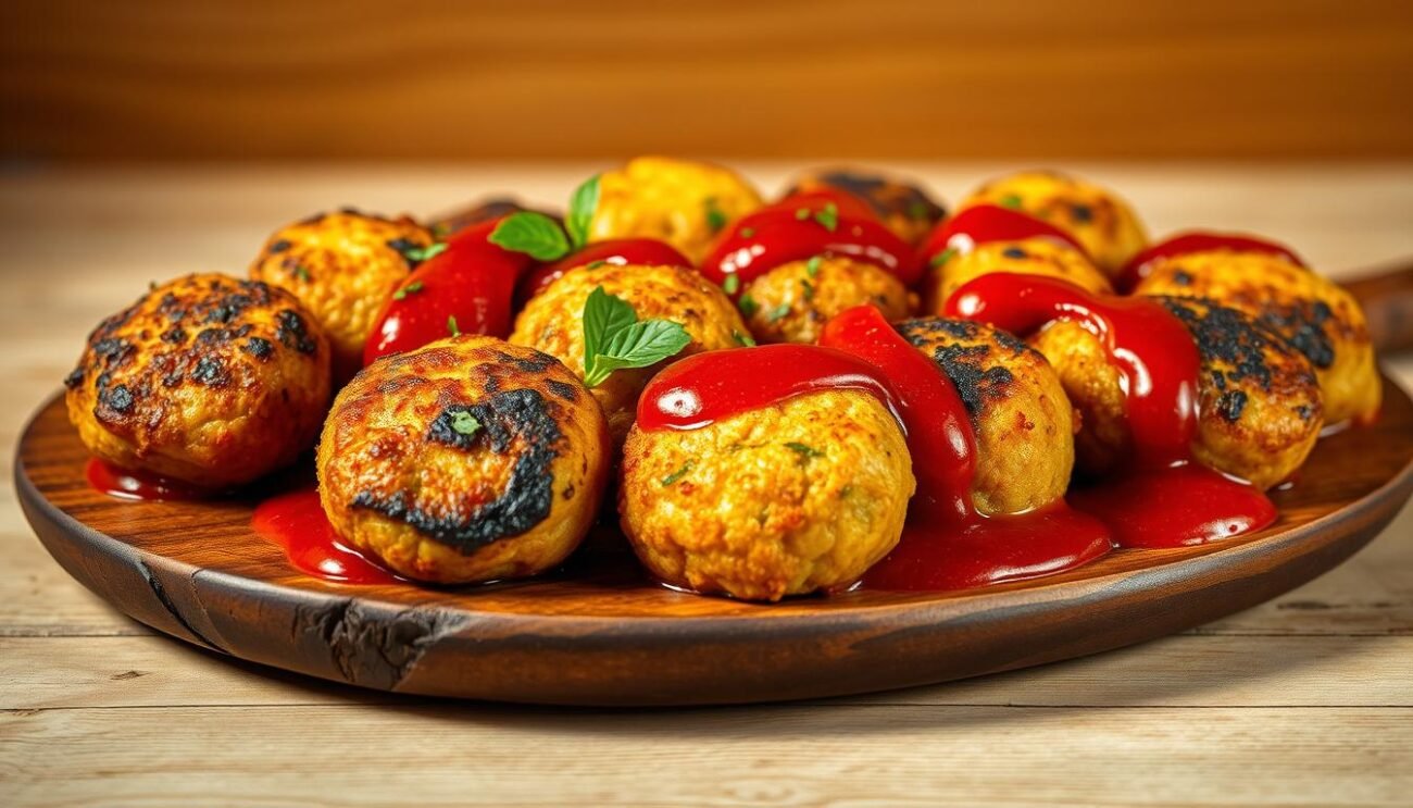 Appetizing polpette di melanzane, golden-brown and crisp on the outside, with a soft, savory interior. Plump eggplant fritters, seasoned with fragrant herbs and spices, arranged artfully on a rustic wooden platter. Drizzled with vibrant, ruby-red tomato sauce, the polpette glisten under the warm, diffused light, casting a cozy, inviting atmosphere. In the background, a simple, clean backdrop lets the delectable dish take center stage, showcasing the classic Sicilian speciality in all its glory. Captured with a wide-angle lens to emphasize the dish's homemade, rustic charm, this image perfectly encapsulates the essence of "Le Polpette di Melanzane: Un Classico Siciliano."