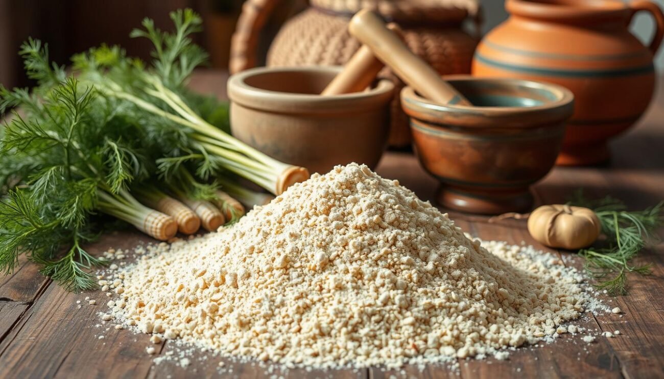 Arrange a rustic display of traditional Sicilian "Frascatula" ingredients on a wooden table. In the foreground, showcase a pile of coarse mixed flour, including maize and wild fennel. Behind it, place a bundle of fresh fennel fronds and a ceramic bowl filled with water. In the middle ground, arrange a mortar and pestle, evoking the handcrafted preparation process. In the background, include a woven basket and a terracotta pot, hinting at the rural, homemade nature of this authentic Sicilian polenta dish. Use soft, natural lighting to create an earthy, pastoral atmosphere, highlighting the simple, wholesome elements that make up the traditional "Frascatula" recipe.