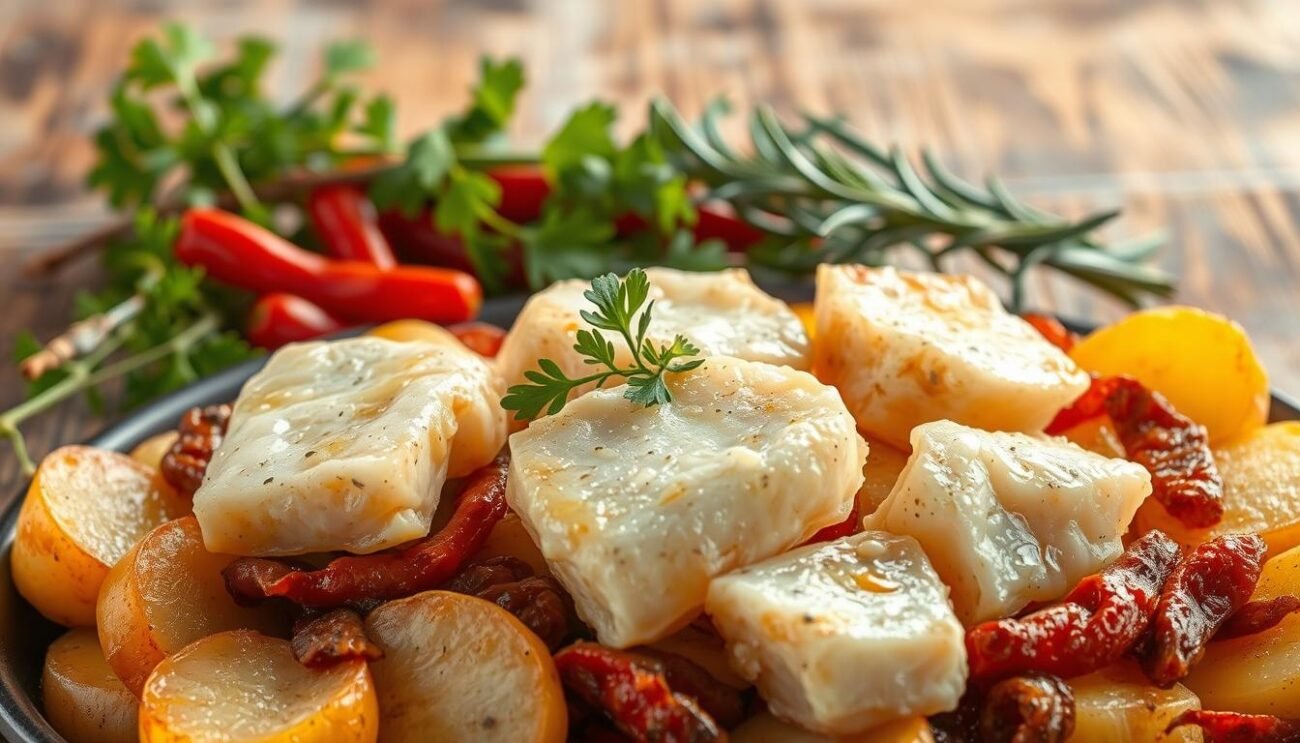 Baccalà alla molisana, a traditional Italian dish from the Molise region, presented with a rustic and authentic feel. In the foreground, large chunks of salt-cured cod fish, glistening with olive oil, lie atop a bed of sliced potatoes and cruschi, a type of fried and dried peppers. The middle ground showcases a variety of fresh herbs, such as parsley and rosemary, adding vibrant color and aromatic notes. The background features a weathered wooden surface, evoking the homespun, countryside ambiance of this peasant-style recipe. The lighting is soft and natural, casting a warm, golden glow over the scene, highlighting the simple yet flavorful ingredients that come together to create this beloved regional dish.