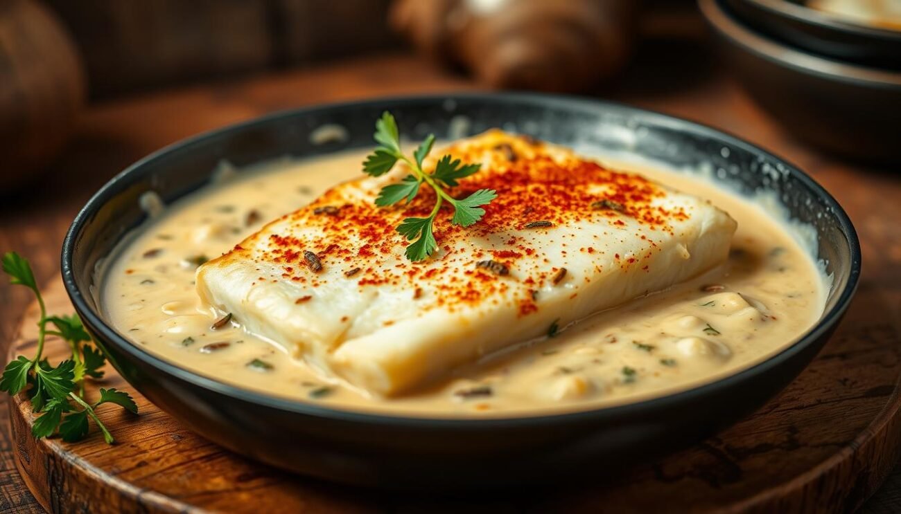 Baccalà alla vicentina, a traditional Venetian dish, features a golden-brown cod fillet nestled in a creamy, savory sauce. The cod is expertly pan-seared, its delicate flakes contrasting with the rich, velvety béchamel-style sauce infused with salty anchovies and fragrant garlic. Sprigs of fresh parsley and a dusting of paprika add vibrant pops of color, while the scene is set against a warm, rustic backdrop, evoking the cozy kitchens of northern Italy. The lighting casts a soft, inviting glow, drawing the viewer in to savor the dish's comforting flavors and textures.