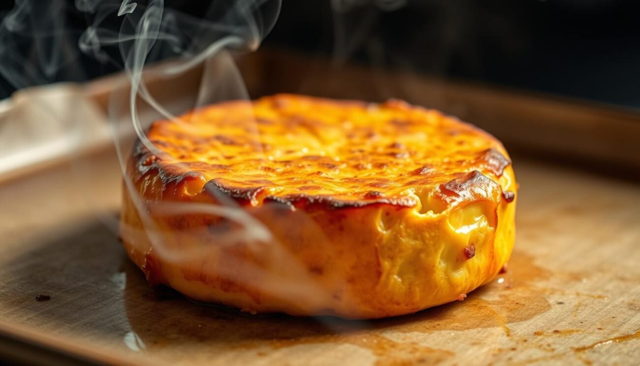 Baked scamorza cheese, a traditional delicacy from the Molise region of Italy. The semi-soft, smoked cheese rests on a baking sheet, its golden-brown crust glistening under the warm, indirect lighting. Wisps of fragrant smoke curl around the cheese, hinting at the rich, nutty flavors to come. The scene is captured in a crisp, high-resolution photograph, showcasing the cheese's artisanal craftsmanship and the rustic elegance of Italian cuisine.