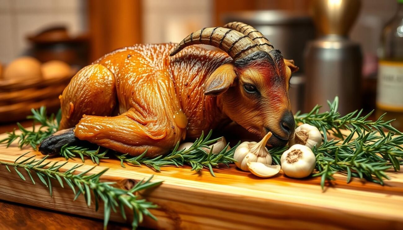 Capretto al forno, a tender young goat roasted to perfection, resting on a bed of fragrant rosemary, garlic, and olive oil. Its golden-brown exterior glistens under the warm, even light, inviting the viewer to imagine the savory aroma and juicy texture. In the foreground, a rustic wooden serving board provides a simple yet elegant backdrop, while the blurred background suggests a cozy, traditional Italian kitchen setting. The overall composition evokes a sense of homemade comfort and the celebration of regional culinary traditions. Capretto al forno, a tender young goat roasted to perfection, resting on a bed of fragrant rosemary, garlic, and olive oil. Its golden-brown exterior glistens under the warm, even light, inviting the viewer to imagine the savory aroma and juicy texture. In the foreground, a rustic wooden serving board provides a simple yet elegant backdrop, while the blurred background suggests a cozy, traditional Italian kitchen setting. The overall composition evokes a sense of homemade comfort and the celebration of regional culinary traditions.