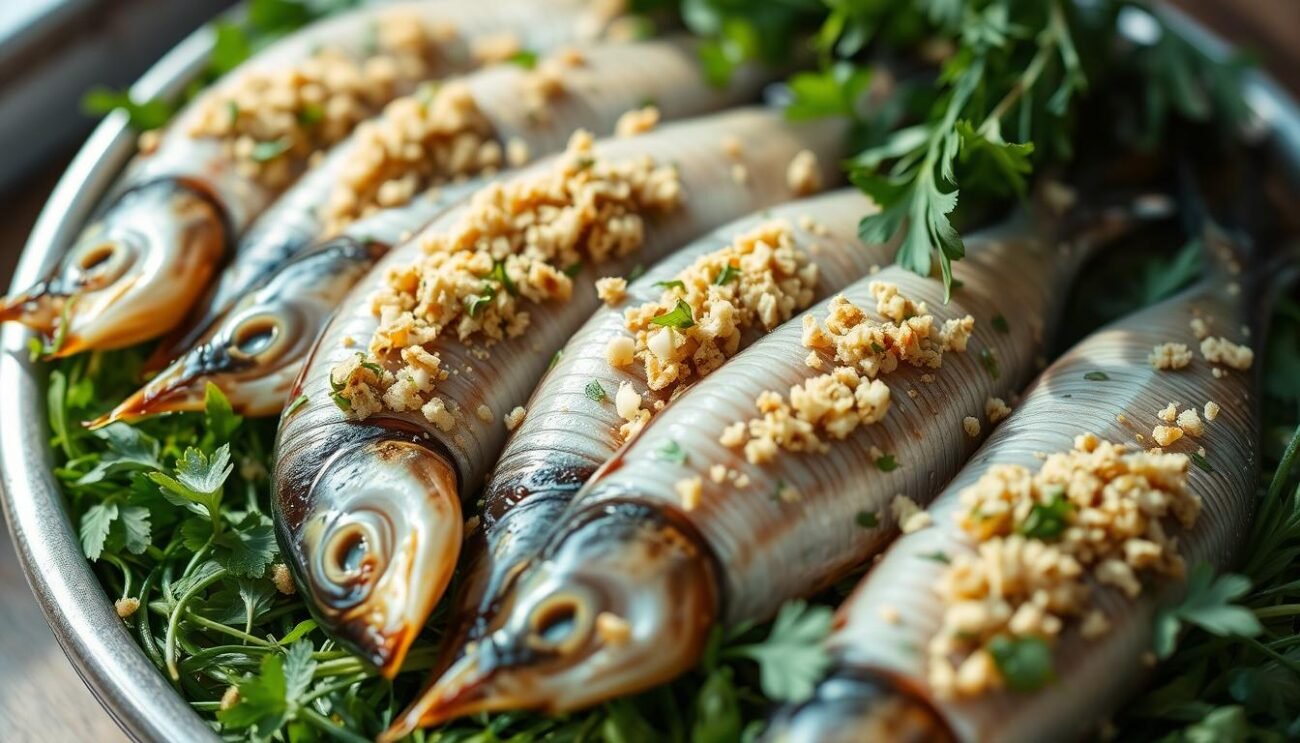 Carefully arranged fresh anchovies, their bodies gently opened and filled with a fragrant mixture of breadcrumbs, parsley, garlic, and olive oil. The plump, glistening fillets rest on a bed of vibrant green herbs, their saline essence mingling with the aromatic notes of the stuffing. Soft natural lighting casts a warm glow, highlighting the delicate texture and golden hues of the breaded topping. This traditional Ligurian dish, acciughe ripiene, captures the essence of coastal Italian cuisine - simple, honest ingredients elevated by skilled preparation and a reverence for age-old recipes.