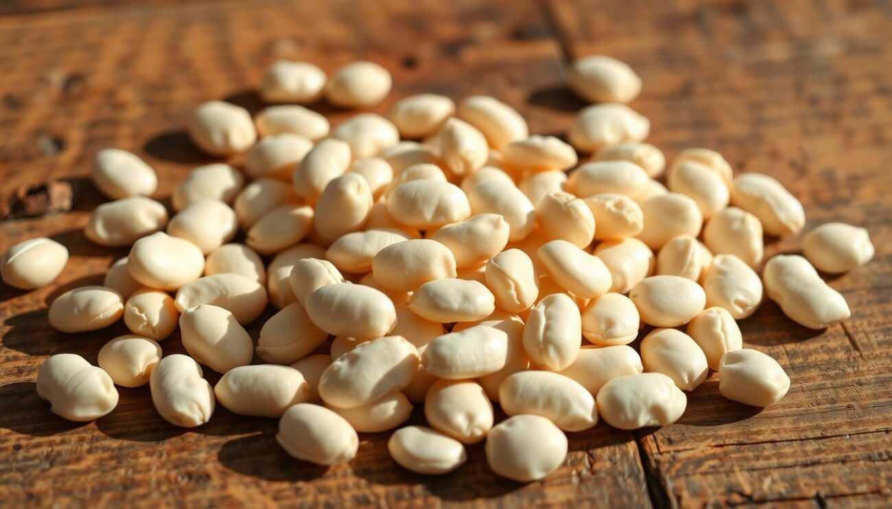 Closeup of dried cannellini beans, also known as white kidney beans, scattered on a rustic wooden surface. The beans are ivory-colored, plump and oval-shaped, with a smooth, matte texture. Soft, diffused natural lighting from the side casts gentle shadows, accentuating the three-dimensional form of the beans. The wooden background has a warm, weathered appearance, complementing the earthy tones of the beans. The composition is simple yet elegant, focusing the viewer's attention on the details and quality of this essential ingredient for the traditional Tuscan ribollita soup. Closeup of dried cannellini beans, also known as white kidney beans, scattered on a rustic wooden surface. The beans are ivory-colored, plump and oval-shaped, with a smooth, matte texture. Soft, diffused natural lighting from the side casts gentle shadows, accentuating the three-dimensional form of the beans. The wooden background has a warm, weathered appearance, complementing the earthy tones of the beans. The composition is simple yet elegant, focusing the viewer's attention on the details and quality of this essential ingredient for the traditional Tuscan ribollita soup.