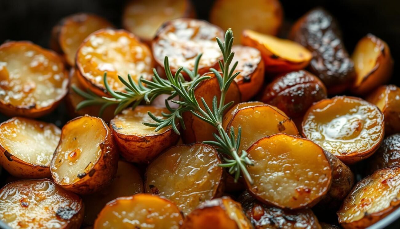 Crisp roasted potatoes sizzling in a cast-iron pan, their golden edges caramelized to perfection. Sprigs of fresh rosemary emanate an earthy, fragrant aroma, gently infusing the potatoes with their distinctive flavor. The warm, soft interior contrasts with the satisfying crunch of the outer layer, inviting you to savor each bite. Soft, natural lighting casts a cozy glow, highlighting the rustic texture of the potatoes and the gleam of the pan. The scene evokes the comfort of a traditional Italian kitchen, where simple, wholesome ingredients are transformed into a beloved side dish. Crisp roasted potatoes sizzling in a cast-iron pan, their golden edges caramelized to perfection. Sprigs of fresh rosemary emanate an earthy, fragrant aroma, gently infusing the potatoes with their distinctive flavor. The warm, soft interior contrasts with the satisfying crunch of the outer layer, inviting you to savor each bite. Soft, natural lighting casts a cozy glow, highlighting the rustic texture of the potatoes and the gleam of the pan. The scene evokes the comfort of a traditional Italian kitchen, where simple, wholesome ingredients are transformed into a beloved side dish.